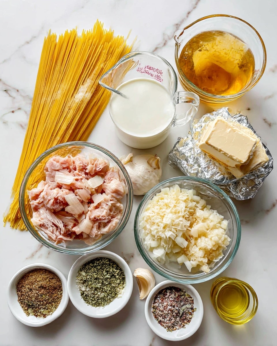 The image shows various cooking ingredients laid out on a white marbled surface. In the center, there are clear glass bowls with chopped turkey, grated parmesan cheese, and diced onion, each with a pale beige, white, and translucent texture respectively. A clear glass measuring cup filled with white milk is positioned near the middle right, next to a stack of cream cheese blocks wrapped in foil and a small stick of butter, all white and light yellow in color. A clear plastic measuring cup holds golden chicken broth at the top right. On the left side, a bundle of uncooked yellow spaghetti sticks lies next to a small clear glass bowl of white flour. Small white dishes contain thinly crushed garlic and Italian seasoning with mixed green and brown colors, alongside a tiny white dish holding salt and pepper with a speckled black and white look. A small clear glass container of light yellow olive oil completes the array. Photo taken with an iphone --ar 4:5 --v 7