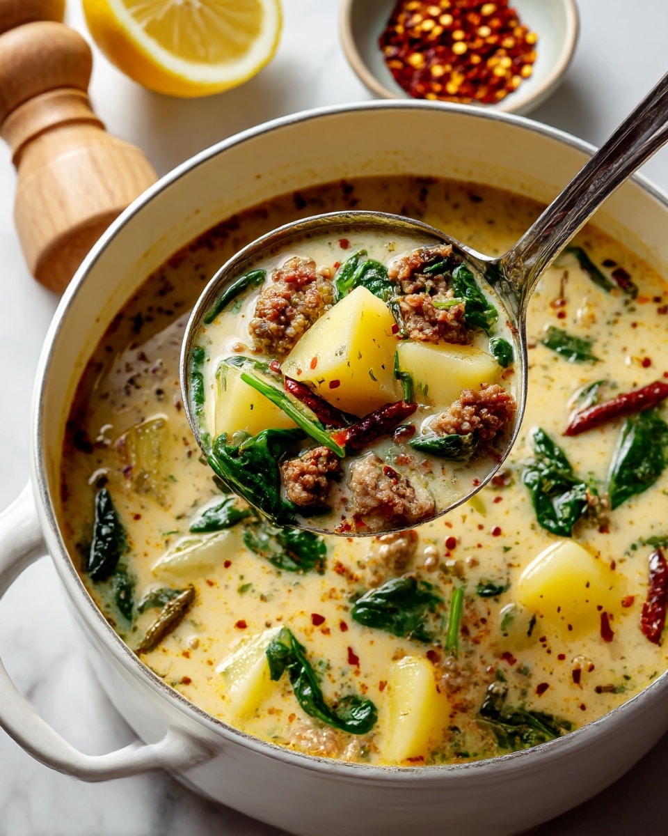 A close-up view of a white pot filled with creamy soup showing three main layers: a thick light beige broth mixed with specks of herbs and spices, scattered medium-sized chunks of pale yellow potatoes, and pieces of cooked brown sausage with some dark green spinach leaves. A silver ladle with soup inside is held over the pot showing a mix of all layers with a few potato cubes, sausage bits, and spinach against the creamy background. The pot sits on a white marbled surface with a light wood juice squeezer and a whole lemon partially visible in the top left corner, and a small bowl with red chili flakes in the upper right corner of the image. Photo taken with an iphone --ar 4:5 --v 7