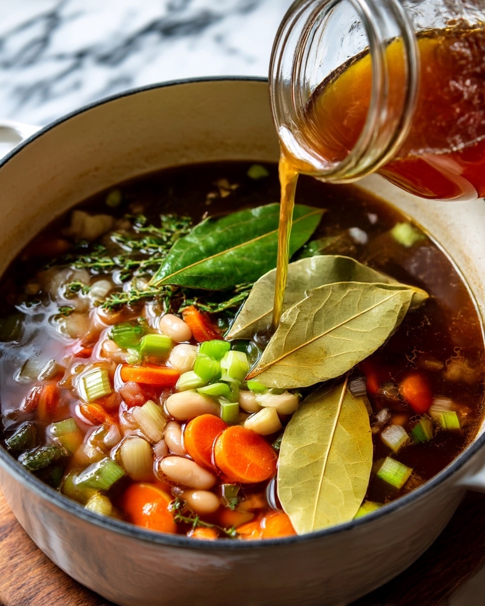 A close-up shot of white pot filled with a soup showing several layers: the bottom layer is a dark brown broth, floating on top are white beans, orange carrot slices, green celery pieces, and some small bits of onion and herbs. There are two large beige bay leaves resting near the center of the soup. A jar is pouring light brown liquid into the pot on the top right side. The pot is on a wooden surface, and the background has a white marbled texture. Photo taken with an iphone --ar 4:5 --v 7