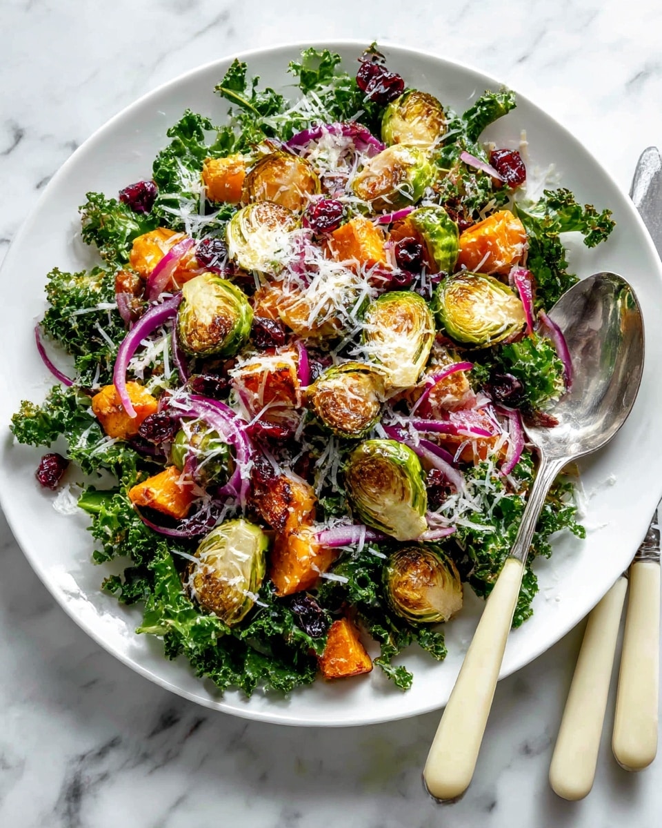 A white plate on a white marbled surface holds a colorful salad made of three main visible layers: at the bottom, there are fresh deep green kale leaves with curly edges spread all over the plate; next, medium-sized roasted Brussels sprouts with a light char and bright olive tones, roasted sweet potato cubes of warm orange color, and thin slices of red onion with purple hues are scattered evenly; the top layer is sprinkled with small white shreds, likely cheese, and tiny dark red dried cranberries adding color contrast. A silver spoon with bits of dressing rests partially on the plate near the bottom left. Nearby are cream-handled fork and knife placed on a soft brown napkin, and part of another white plate with salad can be seen on the left edge. Photo taken with an iphone --ar 4:5 --v 7
