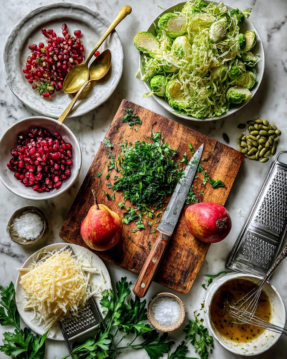 A top view of a wooden cutting board in the center with chopped green herbs and a small knife with a wooden handle resting on it. Two red pears sit on the board, one near the herbs and the other closer to the bottom right. Around the cutting board, various bowls hold ingredients: a white bowl with bright red pomegranate seeds and a gold spoon on the left, a white plate on top filled with light green Brussels sprouts, a clear bowl on the right with shredded Brussels sprouts, a small white bowl with green pumpkin seeds near the pears, and a small dish of coarse salt. On the marble white surface below the cutting board is a white plate with grated pale yellow cheese and a metal grater. Fresh parsley with dark green leaves lies next to the cutting board near the cheese. At the bottom right is a white bowl of light brown dressing with visible herbs and a metal whisk inside. The scene is lit naturally, showing the colors and textures vividly. Photo taken with an iphone --ar 4:5 --v 7