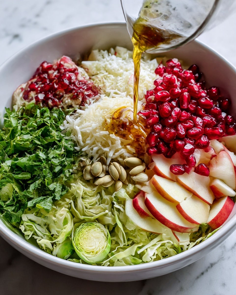 A white bowl filled with a colorful salad showing several layers: the bottom layer is finely shredded light green Brussels sprouts arranged around the edge, followed by a layer of bright green chopped leafy herbs on one side, and next to it small chunks of red and white apple with skin on; a mound of light beige pumpkin seeds sits near the center, next to a pile of white shredded cheese, which is partially covered by a small pool of dressing with visible diced red onion being poured from a glass container; next to the seeds, there is a bright red cluster of shiny pomegranate seeds. The bowl is placed on a white marbled surface. Photo taken with an iphone --ar 4:5 --v 7