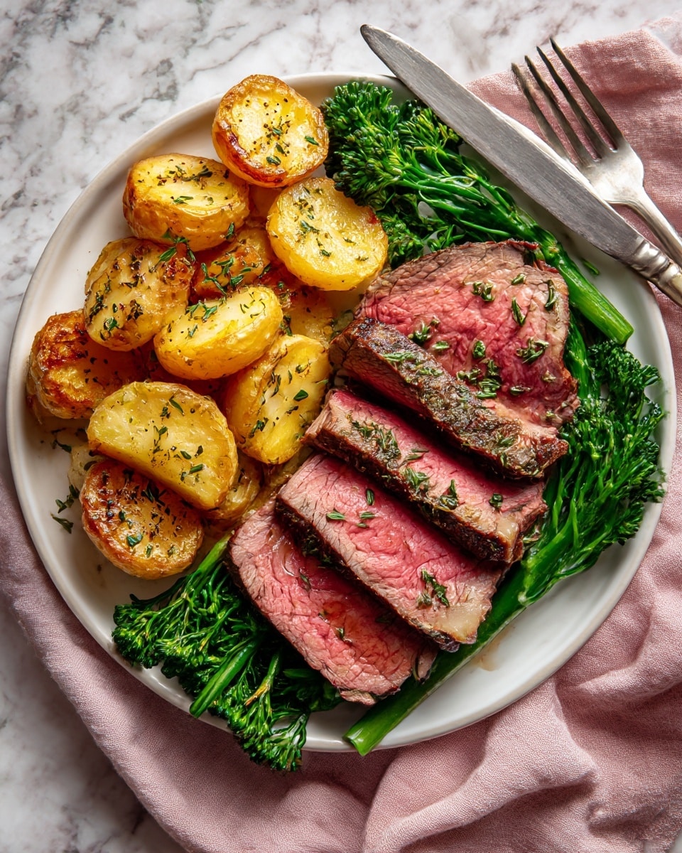 The image shows a white plate with three thick slices of juicy roast beef, each with a pink center and browned edges seasoned with herbs. On the left side of the plate, there are golden roasted potato slices with crispy edges, sprinkled with herbs and black pepper. At the bottom of the plate, bright green broccolini adds a fresh color contrast. The plate is set on a white marbled surface, with a knife and fork placed on a soft pink cloth napkin nearby. Photo taken with an iphone --ar 4:5 --v 7