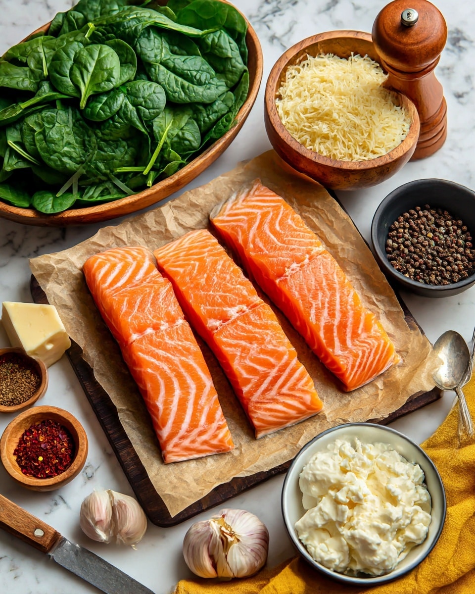 The image shows four pieces of raw salmon fillets with bright orange color and white stripes, placed in a single layer on brown parchment paper on a dark cutting board in the center. To the top left, there is a bowl filled with fresh green spinach leaves, and below it, a wooden bowl with grated pale yellow cheese and a chunk of harder cheese. Small bowls with red and brown spices are arranged to the bottom left near a small knife with a light handle. A bowl of raw garlic cloves sits at the bottom center. At the top right, a dark bowl holds pale yellow breadcrumbs with a wooden spoon, next to a wooden pepper grinder and a small black bowl with cracked black pepper. The bottom right features a white bowl with white creamy cheese and a spoon inside, resting on a yellow cloth. The surface is a white marbled texture photo taken with an iphone --ar 4:5 --v 7