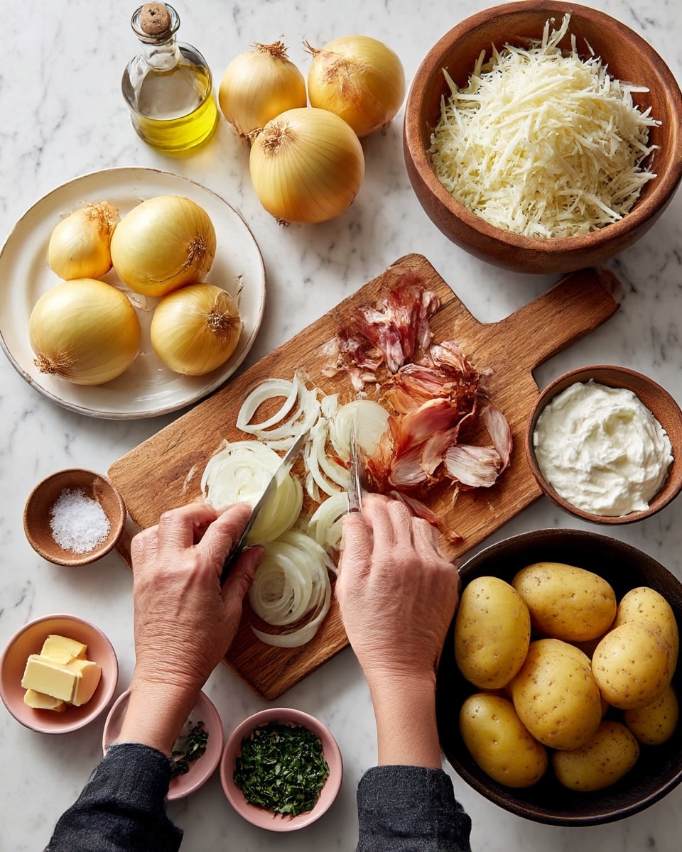 A wooden cutting board is placed at the center, with a medium knife on the left side and sliced white onion pieces scattered in the middle, along with some reddish onion skin. To the board’s left, there is a white plate holding three whole yellow onions, and above that, a wooden bowl filled with white cream. At the top right corner of the board, another wooden bowl contains shredded white cheese. On the bottom right side, a large dark bowl is filled with several yellow potatoes and some green herbs. Nearby, there is a small round dish with coarse salt, and an olive oil bottle is visible at the top left, all set on a white marbled surface. In the lower section, small wooden and pink bowls hold chopped green herbs and cubes of butter respectively. Photo taken with an iphone --ar 4:5 --v 7