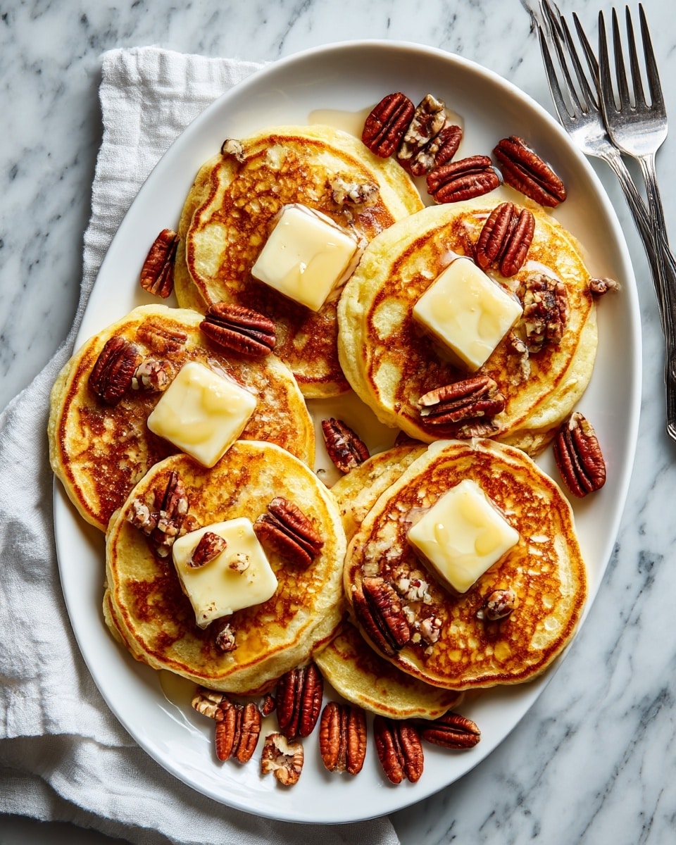 Four golden brown pancakes are stacked slightly overlapping on a white oval plate. On top of the pancakes are four square slices of pale yellow butter placed in a row along the center. Small pieces of pecan nuts are scattered over the butter slices and pancakes, with extra pecans spread on the white marbled surface around the plate. A white cloth napkin is partly under the plate on the left side, and two silver forks rest on the top right corner of the frame. Photo taken with an iphone --ar 4:5 --v 7