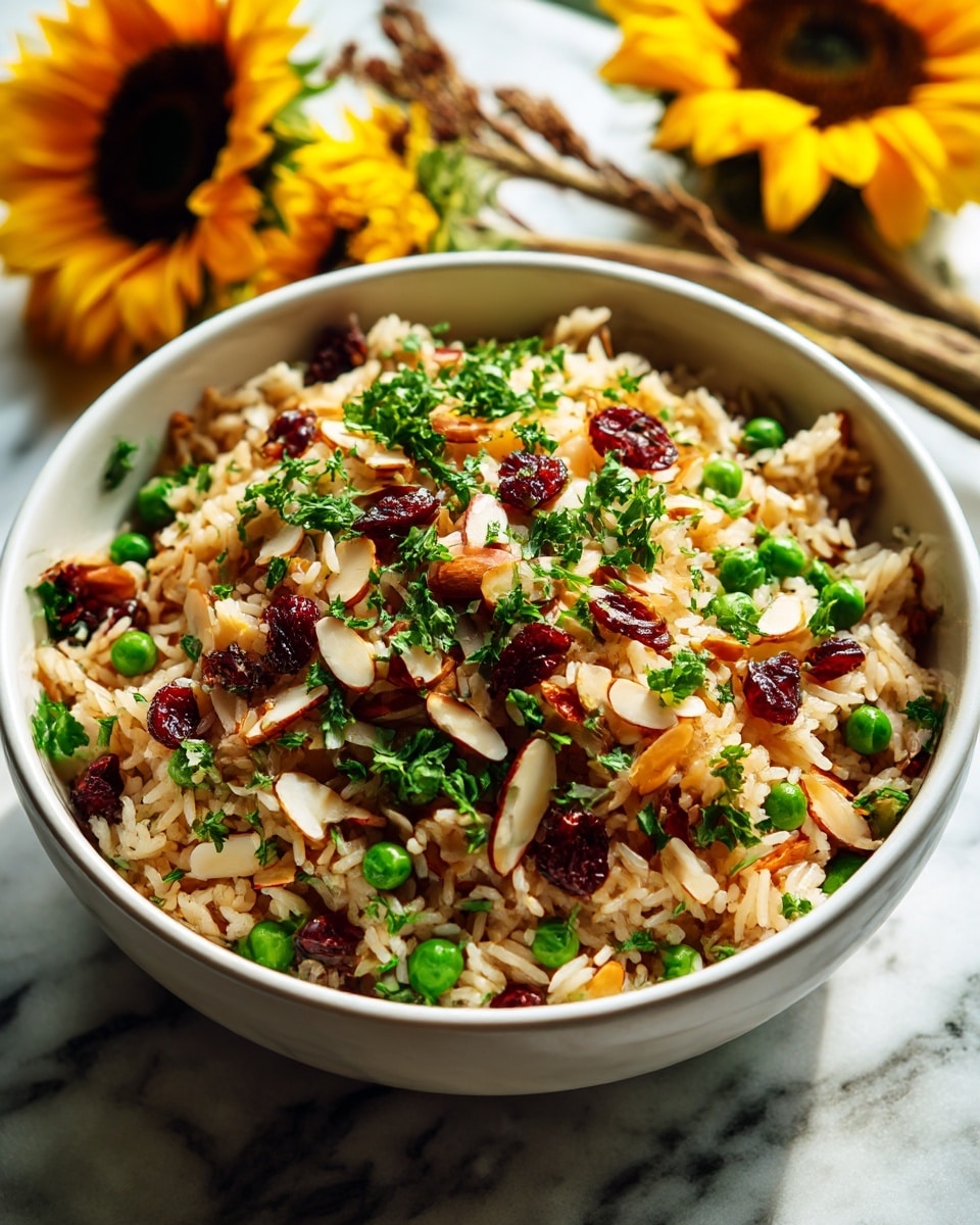 A white pan filled with cooked rice mixed with green peas, small pieces of dried cranberries, and topped with slivered almonds and chopped fresh green parsley scattered evenly across the surface. The rice has a light brown color with a fluffy texture. The pan sits on a white marbled surface, with two large bright yellow sunflowers and some dried brown stems in the blurred background. The lighting is natural and bright, highlighting the colors and textures of the dish. photo taken with an iphone --ar 4:5 --v 7