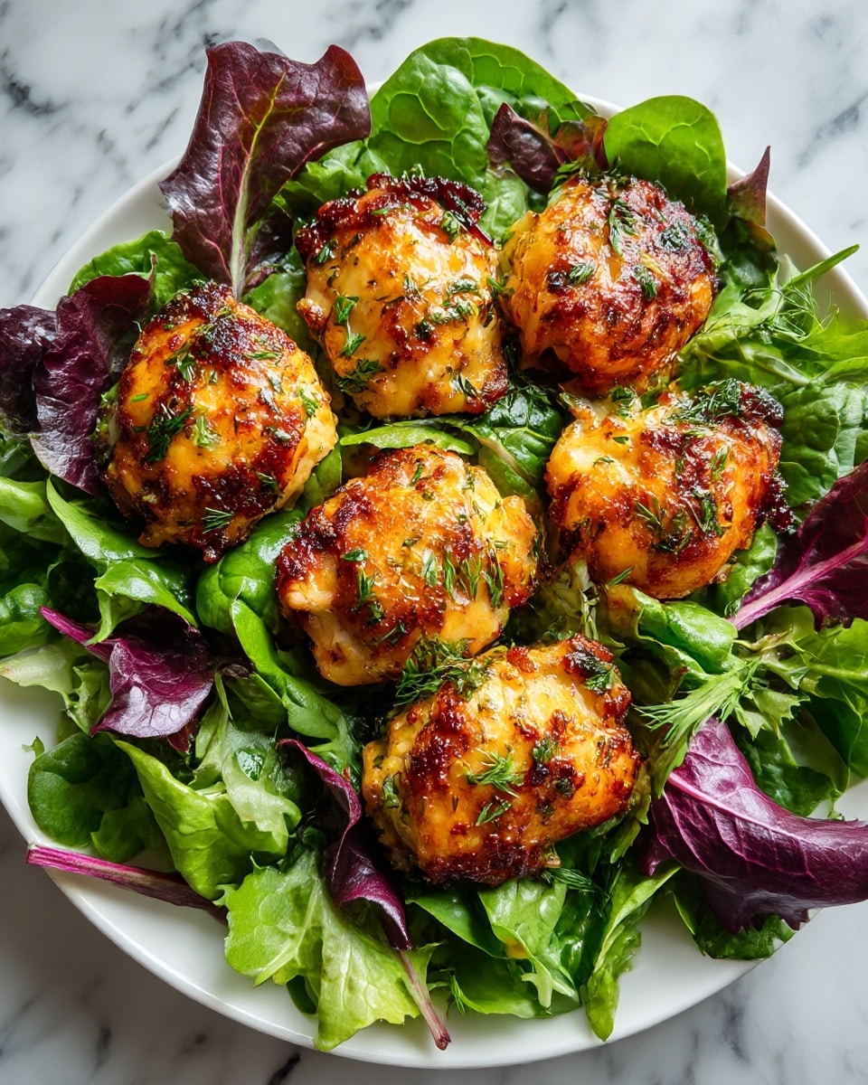 A white plate holds a bed of fresh mixed green leaves with some purple-tinted leaves underneath. On top of this green base, five golden-brown cooked chicken pieces are arranged neatly, showing a slightly crispy texture with visible mustard seeds and chopped herbs sprinkled over the chicken. The chicken pieces are placed close together in the center of the plate, creating a warm, inviting contrast against the cool green leaves. The background surface is a white marble texture. photo taken with an iphone --ar 4:5 --v 7