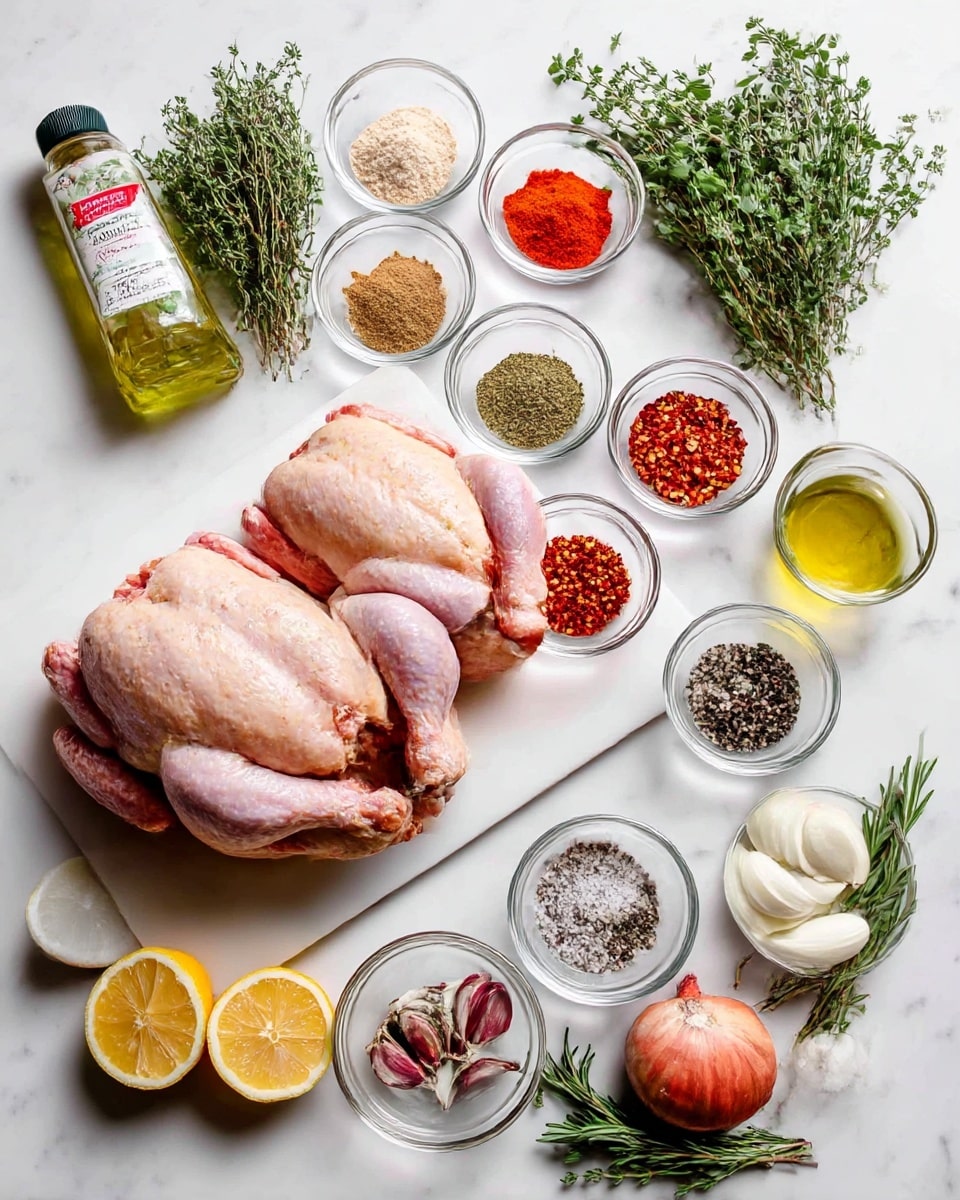 Two whole raw cornish hens lie side by side on a white cutting board placed on a white marbled surface. Around the board, there are 11 small clear bowls and bunches of fresh herbs arranged neatly: the top row has garlic powder (off-white powder), smoked paprika (bright red), Italian seasoning (greenish brown), and red pepper flakes (a mix of red and orange). On the right side from top to bottom, there are bowls with salt and pepper (white and black), onion wedges (white), and whole garlic cloves (off-white). On the left side from top to bottom, there are sliced lemon rounds (yellow with white centers), olive oil (golden yellow liquid), and fresh thyme and rosemary sprigs (green leaves). Photo taken with an iphone --ar 4:5 --v 7