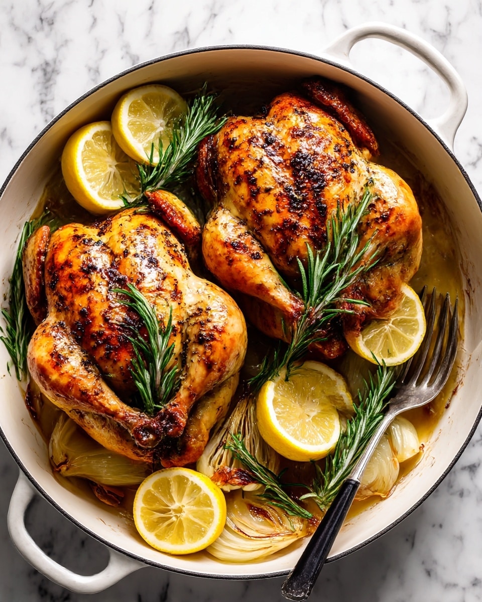 Two whole roasted chickens with crispy dark golden brown skin and black pepper seasoning sit side by side inside a white cooking pot. Around the chickens, there are several slices of bright yellow lemon and fresh sprigs of green rosemary scattered, adding contrast. The chickens rest on a bed of roasted onions and lemon halves at the bottom of the pot. A silver serving fork with a black handle is placed on the right side of the pot. The scene is set on a white marbled surface. Photo taken with an iphone --ar 4:5 --v 7