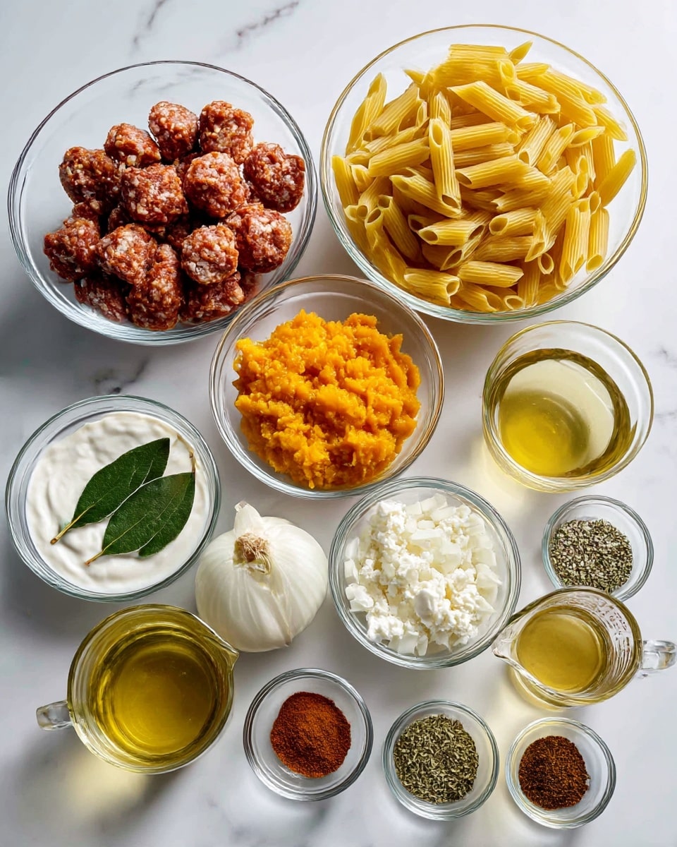 The image shows 13 small clear glass bowls arranged on a white marbled surface, each containing different ingredients for a recipe. At the top left, a bowl holds chunky, reddish-brown Italian sausage, next to it on the right is another bowl filled with dry yellow penne pasta. Below these, from left to right, there are bowls with thick white heavy cream, bright orange pumpkin puree, and chopped white onion. Underneath, smaller bowls are arranged: a single green bay leaf in one, light yellow olive oil in another, pale yellow white wine in a measuring cup, and golden chicken broth in a small clear pitcher. At the bottom are five tiny bowls containing ground cinnamon (reddish-brown powder), dried oregano (greenish dried leaves), minced garlic (off-white small pieces), ground nutmeg (brown powder), and mixed salt and black pepper. Each bowl is neatly placed and evenly spaced on the clean, white marbled surface. photo taken with an iphone --ar 4:5 --v 7