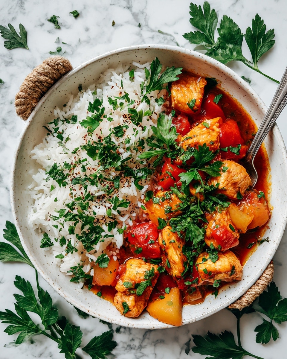 A round white speckled bowl with rope handles holds a meal divided into two parts: one side with a heap of white rice sprinkled with black pepper and small green parsley pieces, and the other side with chunks of golden-brown cooked chicken mixed with orange-brown sauce and small pieces of red tomato. The dish is garnished with fresh chopped green parsley on top, and a silver fork is placed on the right edge inside the bowl. The bowl rests on a white marbled textured surface with some green parsley leaves scattered around. Photo taken with an iphone --ar 4:5 --v 7