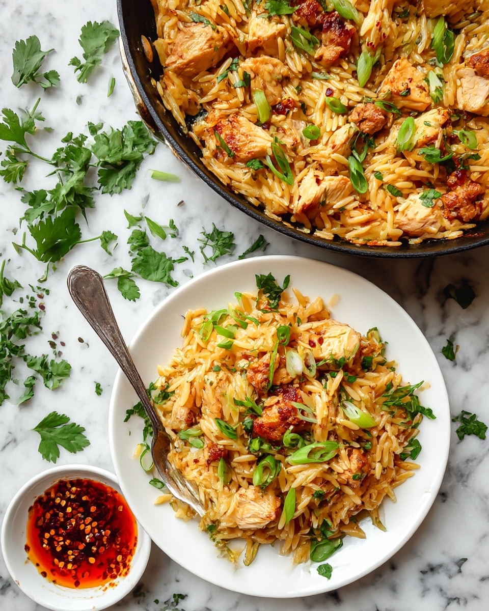 A white plate holds a serving of golden-brown orzo pasta mixed with small pieces of browned chicken, garnished with bright green thinly sliced scallions and fresh cilantro leaves scattered on top and around the dish. A metal fork rests partially in the orzo on the plate. Above the plate, a black pan filled with more orzo and chicken sits on a white marbled surface, with some of the pasta and herbs glistening with a light oily sauce. To the lower left, a small white bowl contains a red chili oil with visible chili flakes. Fresh cilantro leaves are scattered on the white marbled surface around the plate and pan. photo taken with an iphone --ar 4:5 --v 7