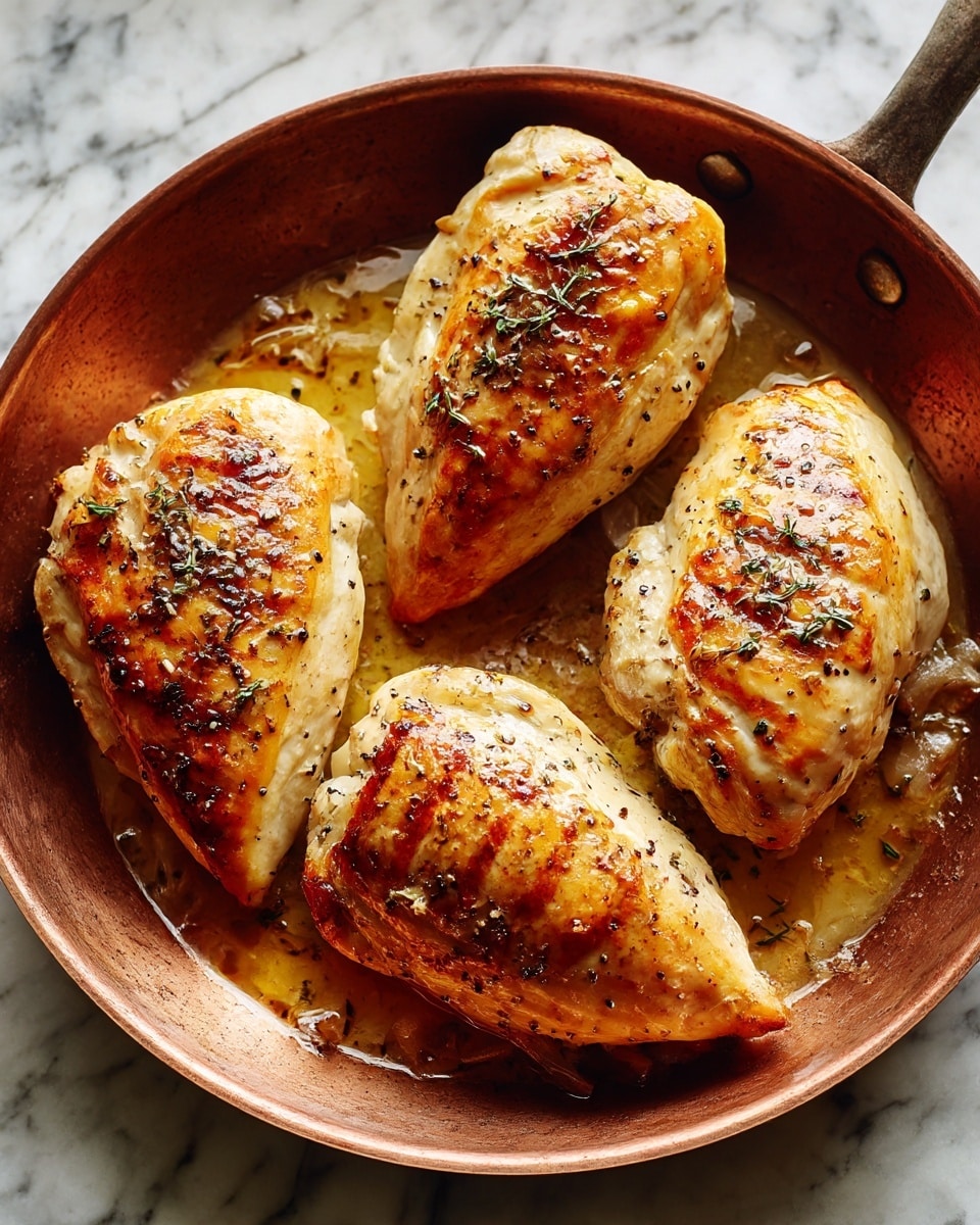 Four pieces of cooked white chicken are placed in a round copper-colored frying pan. Each chicken piece is slightly browned with light grill marks and specks of black pepper on top. The pan shows some oil and bits of cooked chicken juices spread around. The background is a white marbled surface. Photo taken with an iphone --ar 4:5 --v 7