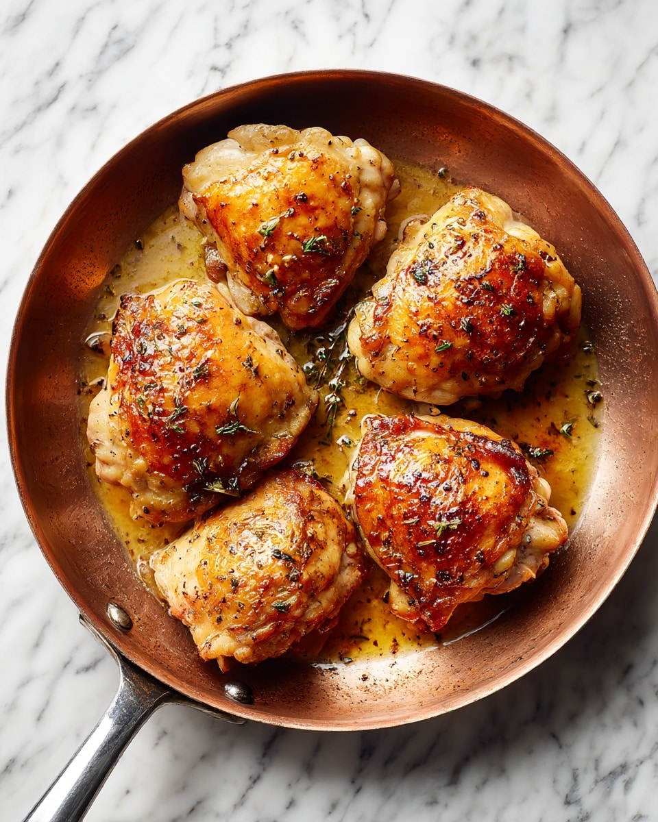 Four pieces of light golden brown chicken cooked in a round copper-colored frying pan with some oil and black pepper visible on the chicken. The chicken pieces vary in size and shape, placed spread out in the pan against a white marbled surface. The pan handle is silver and extends toward the bottom of the image photo taken with an iphone --ar 4:5 --v 7