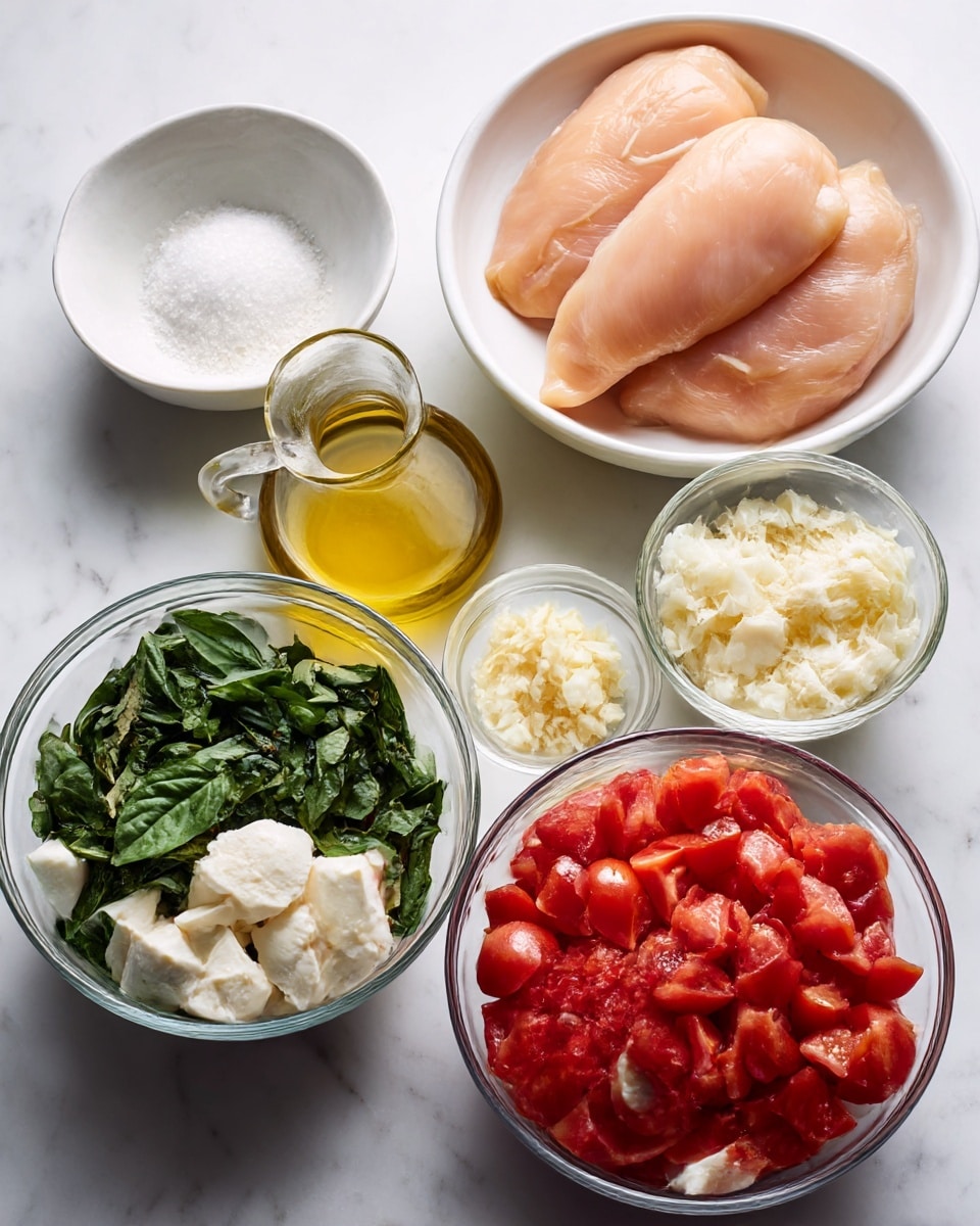 The image shows seven separate white bowls and a small glass jug arranged neatly on a white marbled surface, each containing different ingredients. At the top right, a white bowl holds two whole, raw chicken breasts with a smooth, pale pink texture. Directly above to the left, a small white bowl contains coarse white salt. Below the salt, a small clear glass jug is filled with golden-yellow olive oil. Beneath the jug, a white bowl is filled with chopped fresh basil leaves, bright green and leafy in texture. To its right, a small clear glass bowl contains finely chopped garlic, creamy white in color and slightly textured. Next to the garlic, a larger clear glass bowl holds diced tomatoes, bright red and juicy with visible seeds and flesh. At the bottom left, a white bowl is filled with torn pieces of soft, white mozzarella cheese with a smooth, slightly shiny texture. Each item is labeled with bold black text in a clean font. Photo taken with an iphone --ar 4:5 --v 7