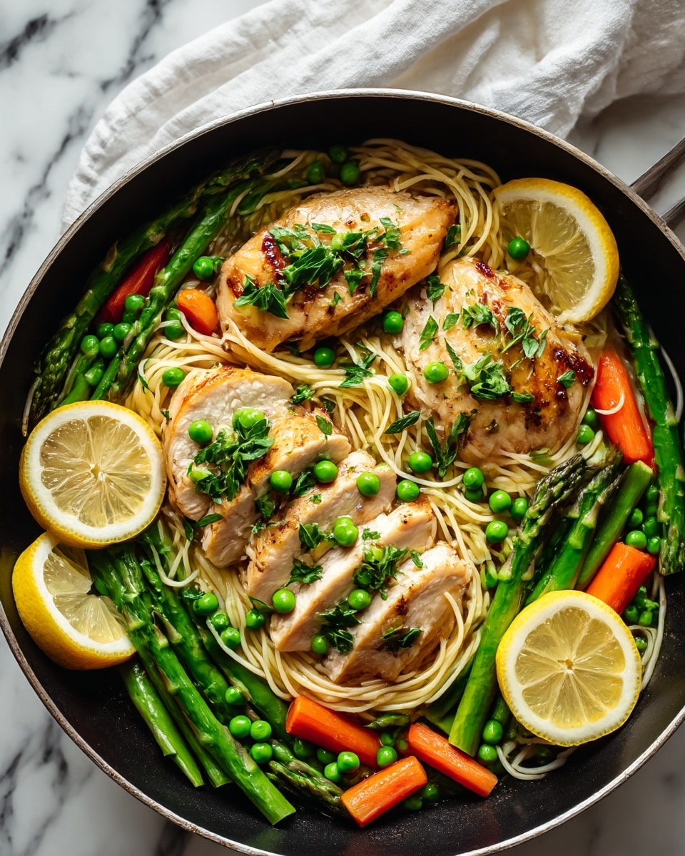 A black pan filled with three pieces of cooked white meat, each sliced slightly and topped with small green herb pieces. Underneath, there is a layer of thin, off-white noodles. Around the meat and noodles, there are bright green peas, several green asparagus stalks, and small orange carrot sticks. Two lemon wedges are placed among the ingredients, adding a yellow contrast. The pan is on a white marbled surface with a white cloth visible in the background. photo taken with an iphone --ar 4:5 --v 7