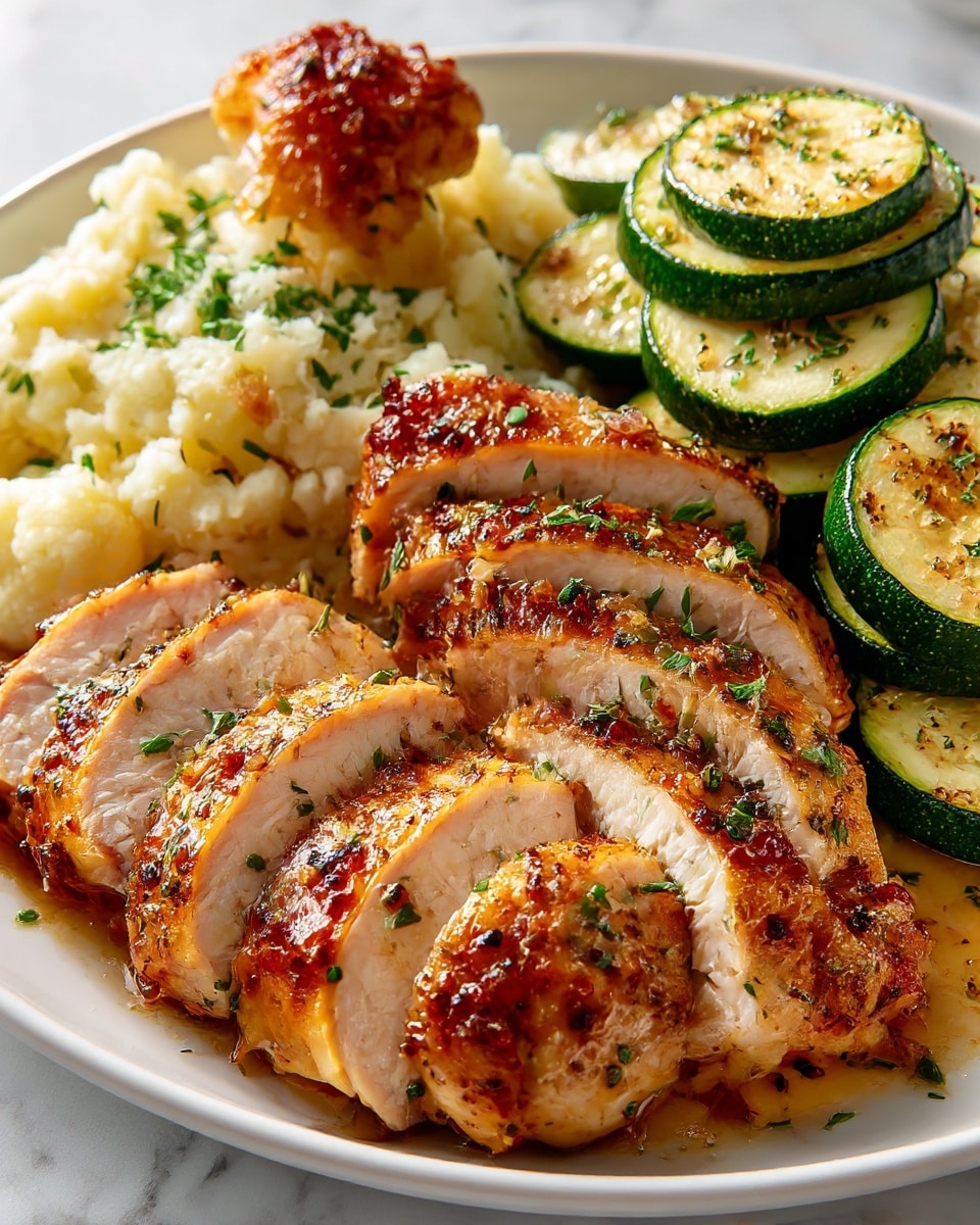 On a white plate with a white marbled texture surface, there are five thick slices of cooked chicken breast with golden-brown, slightly crispy skin, and visible pepper and garlic seasoning on top. To the left, a piece of golden-brown chicken skin is visible, and behind the slices of chicken, there is a portion of mashed cauliflower with a creamy white color and small bits of green herbs sprinkled on top. On the right side of the plate, several lightly browned, round slices of grilled zucchini with green edges and slightly golden centers are stacked loosely. The lighting highlights the juicy texture of the chicken and the softness of the mashed cauliflower. Photo taken with an iphone --ar 4:5 --v 7