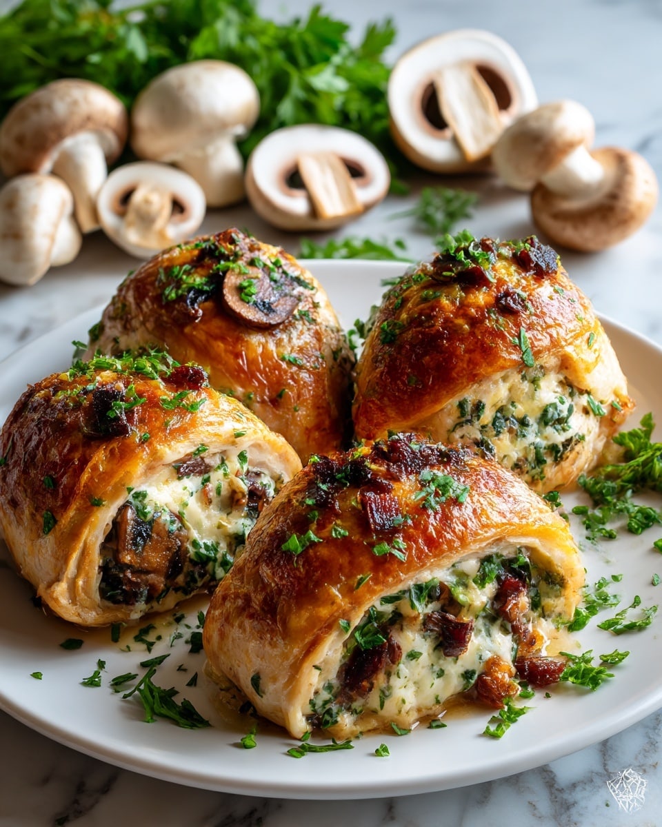 The image shows a close-up view of a white plate holding four golden brown baked chicken pieces. Each piece is stuffed with a creamy filling mixed with dark brown bits of mushroom, visible on the tops of the chicken. The chicken has a slightly charred, crispy texture, and is sprinkled with small green herb pieces on top. In the blurred background, there are several whole mushrooms and some fresh green herbs. The plate rests on a white marbled surface. photo taken with an iphone --ar 4:5 --v 7