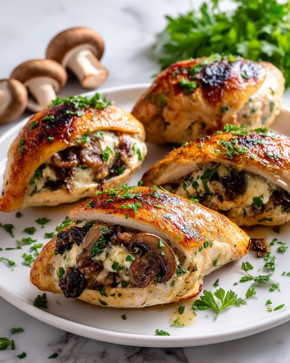 The image shows a white plate with four stuffed chicken pieces, each golden brown with a slightly crispy outer layer. The chicken is filled with a creamy mixture that includes dark brown mushroom bits, some of which are visible on top of the chicken. The pieces are sprinkled with finely chopped green herbs, likely parsley, adding a fresh touch. In the background, there are fresh whole and sliced white mushrooms and some green herbs, all set on a white marbled textured surface. photo taken with an iphone --ar 4:5 --v 7