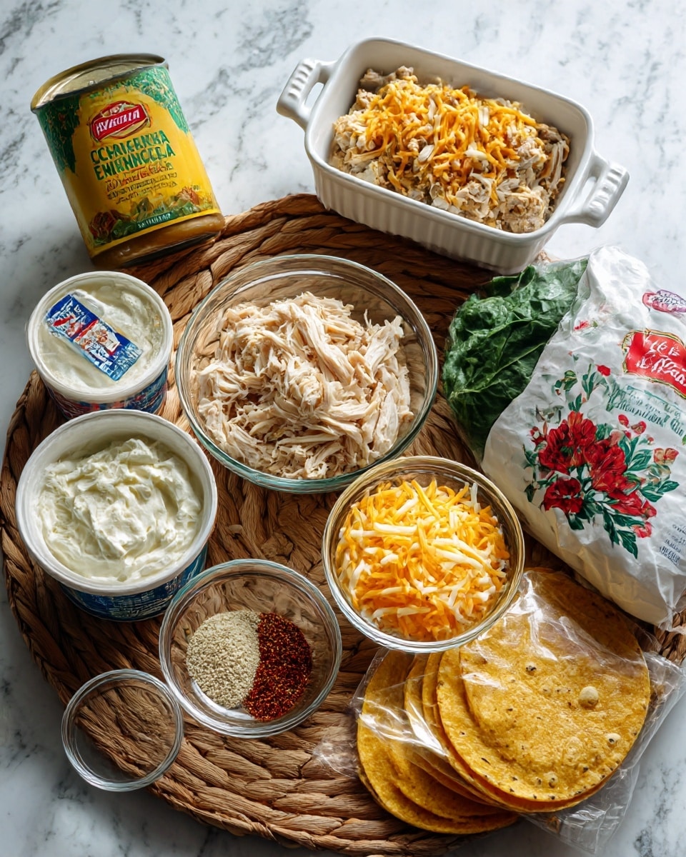 The image shows a round woven mat placed on a white marbled surface, with various ingredients arranged on top. At the back, there is a white baking dish with small handles. On the left side, there is a can of green chile enchilada sauce with a yellow label, next to a white container of sour cream with a red and blue label. In front of these, there are two clear glass bowls, one filled with shredded cooked chicken and the other with a mix of shredded yellow and white cheeses. On the right side, there is a large white bag with red and green design labeled chopped spinach. In front of the bag, there is a clear plastic package of yellow corn tortillas with red and blue branding, lying flat. A small clear glass bowl with mixed spices sits near the center. The whole scene is softly lit, creating a fresh and clean look. Photo taken with an iphone --ar 4:5 --v 7