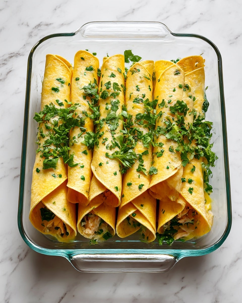 The image shows a clear glass baking dish filled with two rows of six rolled yellow tortillas, placed side by side. The tortillas appear soft and slightly moist, with small green herb bits visible on their surface. Underneath the wrapped tortillas, there are some green leafy fillings peeking out, suggesting a chicken and spinach mixture inside. The dish is set on a white marbled surface, creating a clean and simple background. photo taken with an iphone --ar 4:5 --v 7