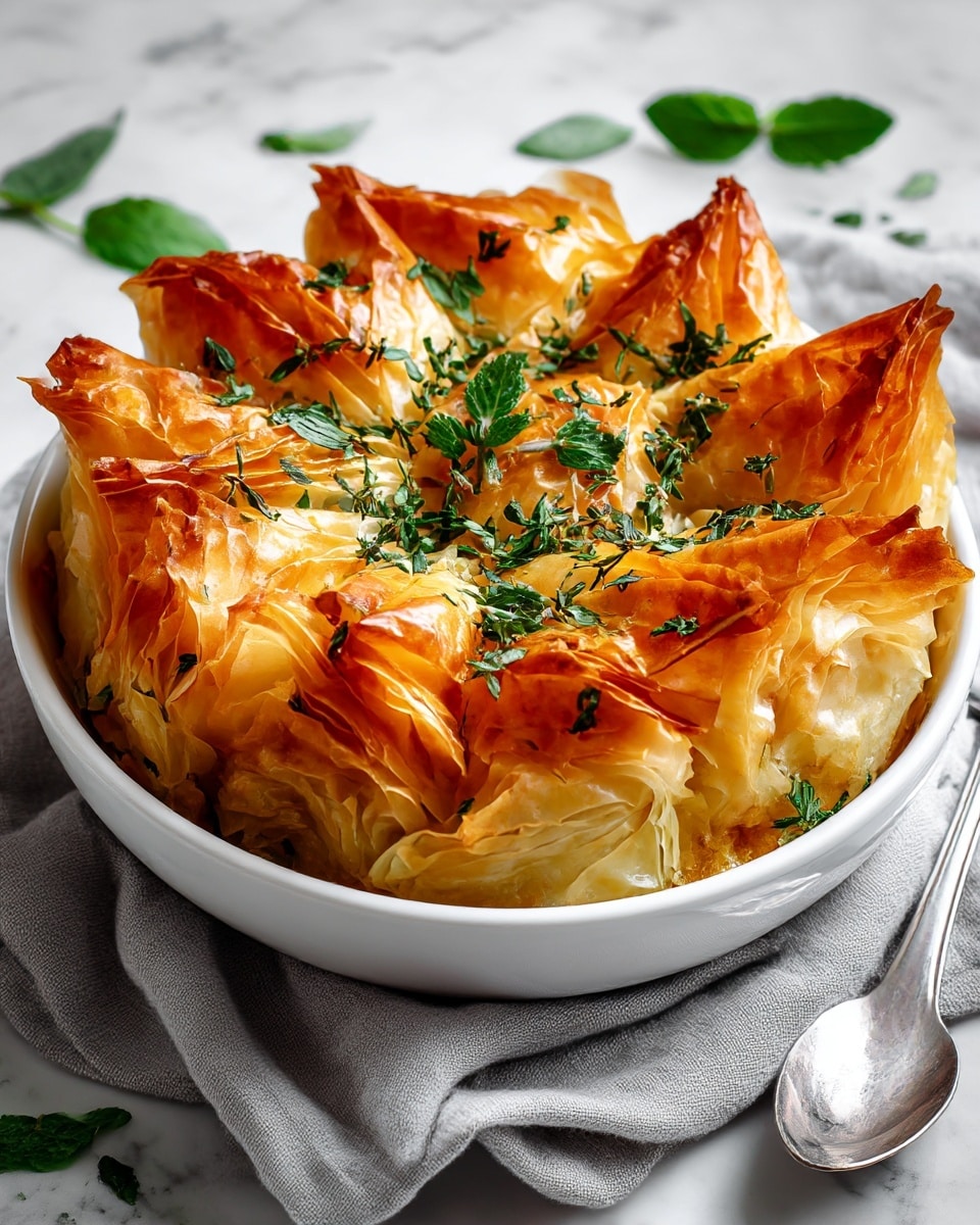 A white bowl filled with a layered dish topped with golden brown, crispy phyllo pastry sheets that are slightly folded and wrinkled, and have a glossy surface. Underneath, a warm, creamy layer shows hints of yellow and light orange colors. Small green herb leaves are placed on top, adding a fresh touch. The bowl rests on a light gray cloth, with a silver spoon near it, all set on a white marbled surface with scattered green herb leaves. photo taken with an iphone --ar 4:5 --v 7