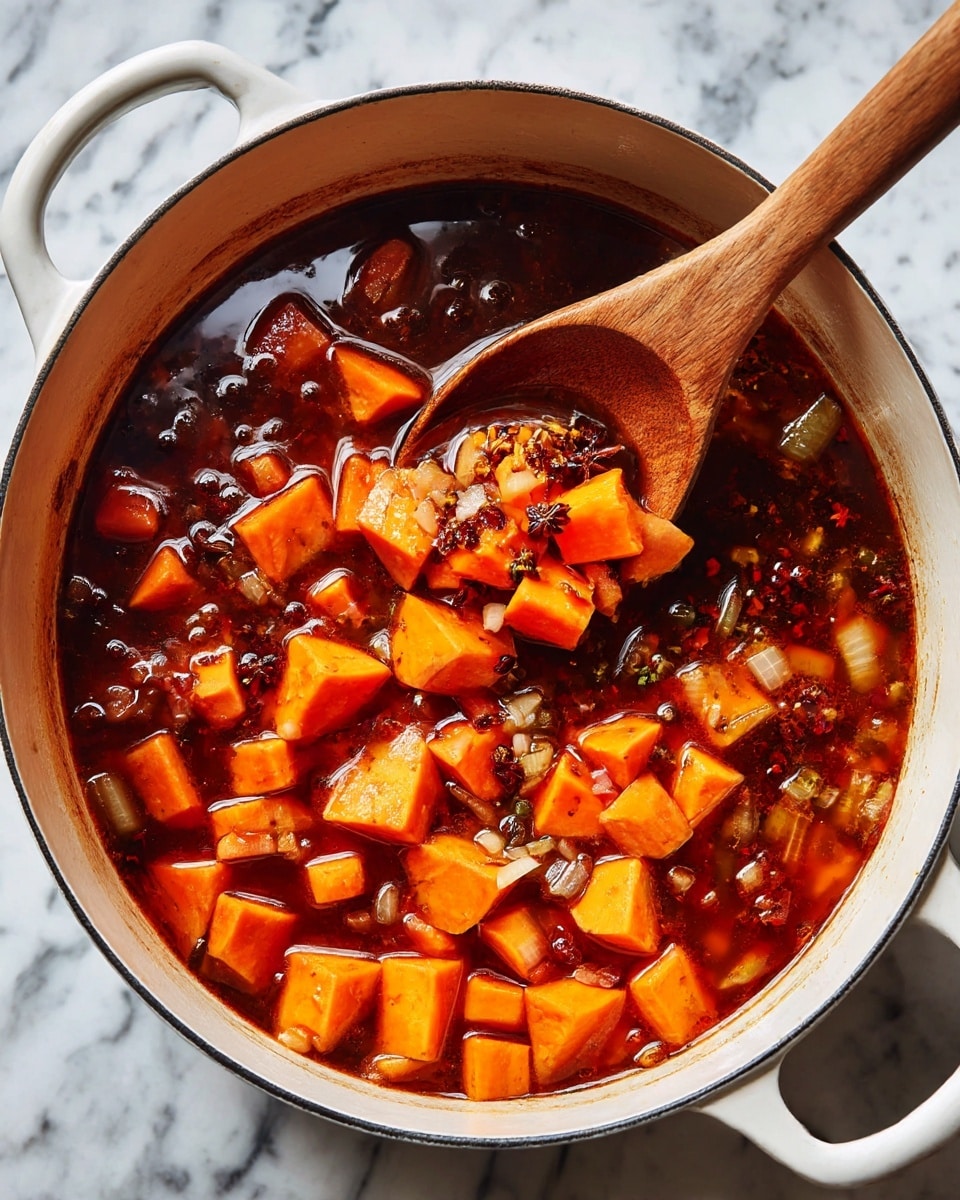A white pot filled with a simmering soup made of small orange cubes of sweet potato and visible onion pieces, all in a rich, dark reddish broth with spices floating inside. A wooden spoon is inside the pot, lifting some of the chunky vegetables. The pot sits on a white marbled surface, showing part of the handle on each side. photo taken with an iphone --ar 4:5 --v 7