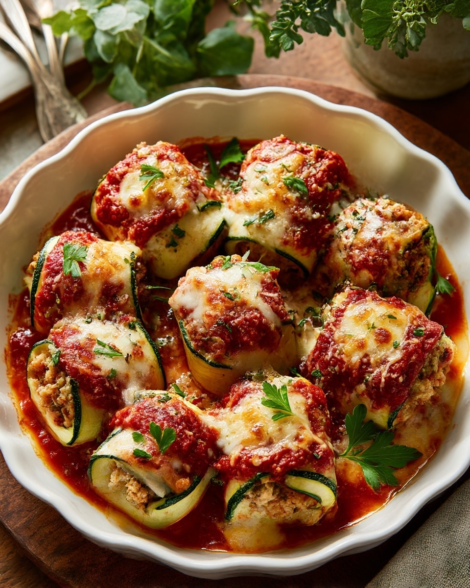 A round white scalloped-edge baking dish holds eight stuffed zucchini rolls, each topped with two layers: a bright red tomato sauce layer and a golden-brown melted cheese layer with bubbly and slightly crispy spots. The zucchini rolls are filled with a mix that looks light brown and slightly crumbly, peeking from the sides. Small green parsley leaves are scattered on top as garnish. The dish is placed on a wooden surface with some blurred background items, including a green leafy bunch and utensils. photo taken with an iphone --ar 4:5 --v 7