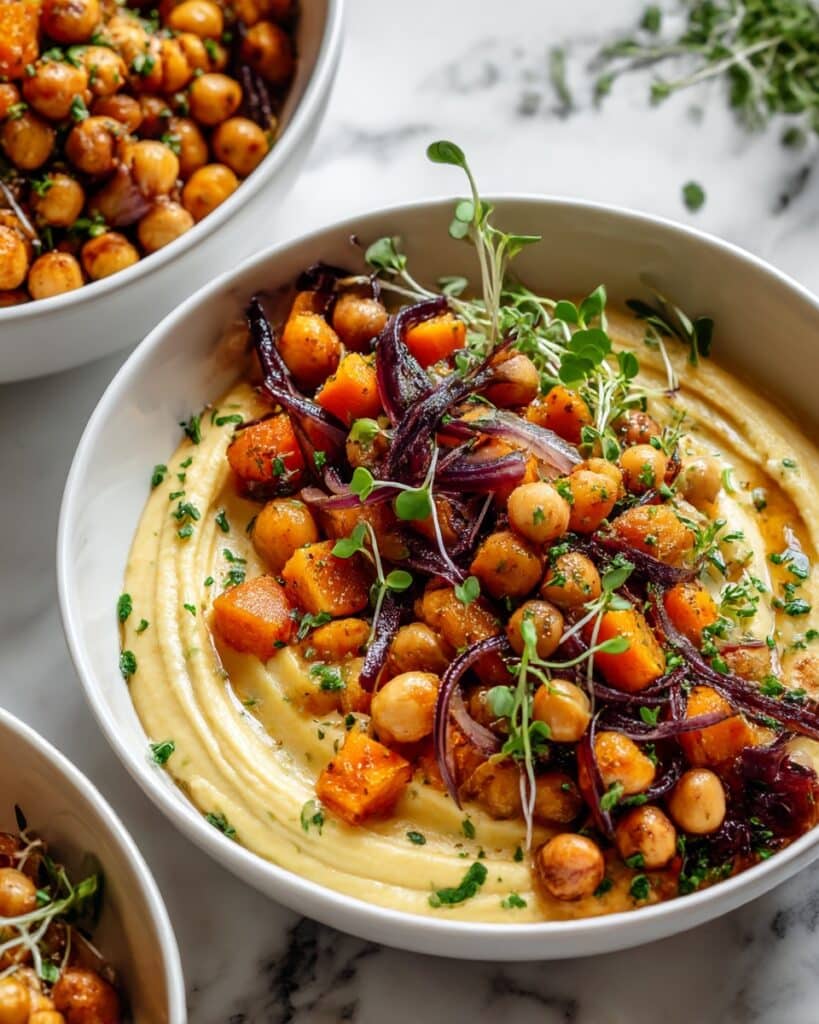 Creamy Vegan Polenta with Roasted Butternut Squash, Chickpeas, and Caramelized Onion Recipe