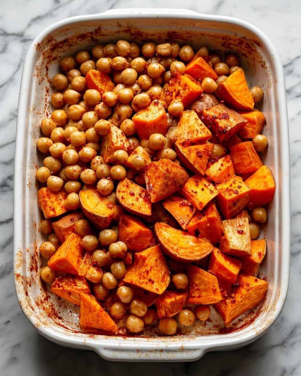 The dish shows a white bowl filled with two main layers. The bottom layer is smooth, creamy yellow polenta spread evenly across the bowl with a glossy, soft texture. On top, there is a thick heap of roasted chickpeas, browned caramelized onions, and orange chunks of roasted squash, all mixed together and piled more to one side. Small bright green microgreens are scattered over the roasted vegetables, adding fresh contrast. The bowl sits on a white marbled surface, and the lighting highlights the rich warm colors and textures. Photo taken with an iphone --ar 4:5 --v 7