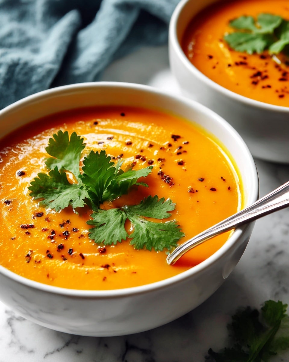 A close-up view of two white bowls on a white marbled surface, each filled with smooth, bright orange soup. The soup has a thick, creamy texture and is topped with small black pepper specks and a single fresh green cilantro leaf in the center of the nearest bowl. A silver spoon rests inside the bowl in the foreground, and a blue cloth is slightly visible in the background. The photo taken with an iphone --ar 4:5 --v 7