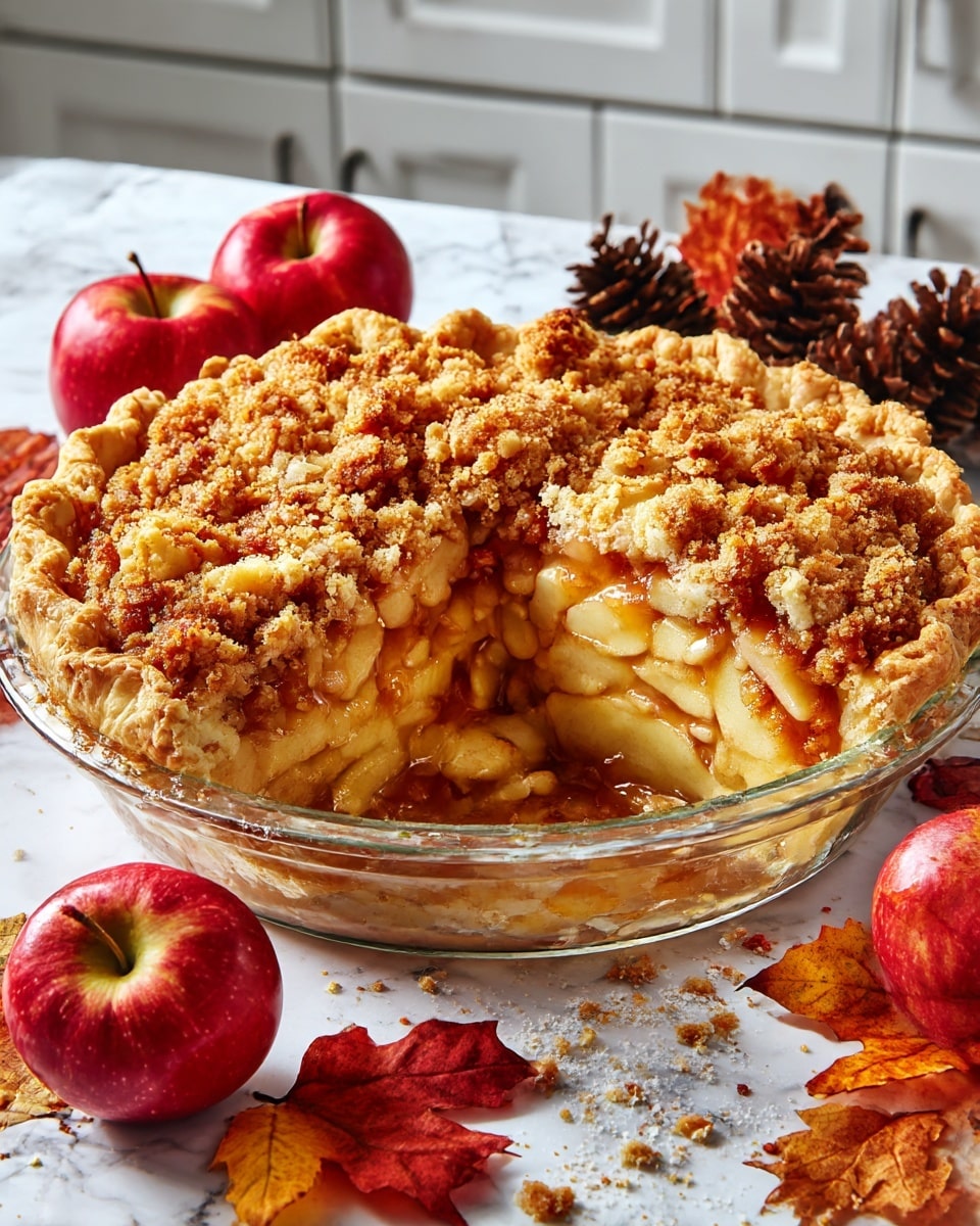 A round apple pie with a golden brown crust and a thick, crumbly brown streusel topping is placed on a clear glass pie dish. The crust edge is crimped and slightly darker in some spots. Surrounding the pie are whole red apples and colorful dried autumn leaves in shades of yellow, orange, and brown, all set on a white marbled surface. Photo taken with an iphone --ar 4:5 --v 7
