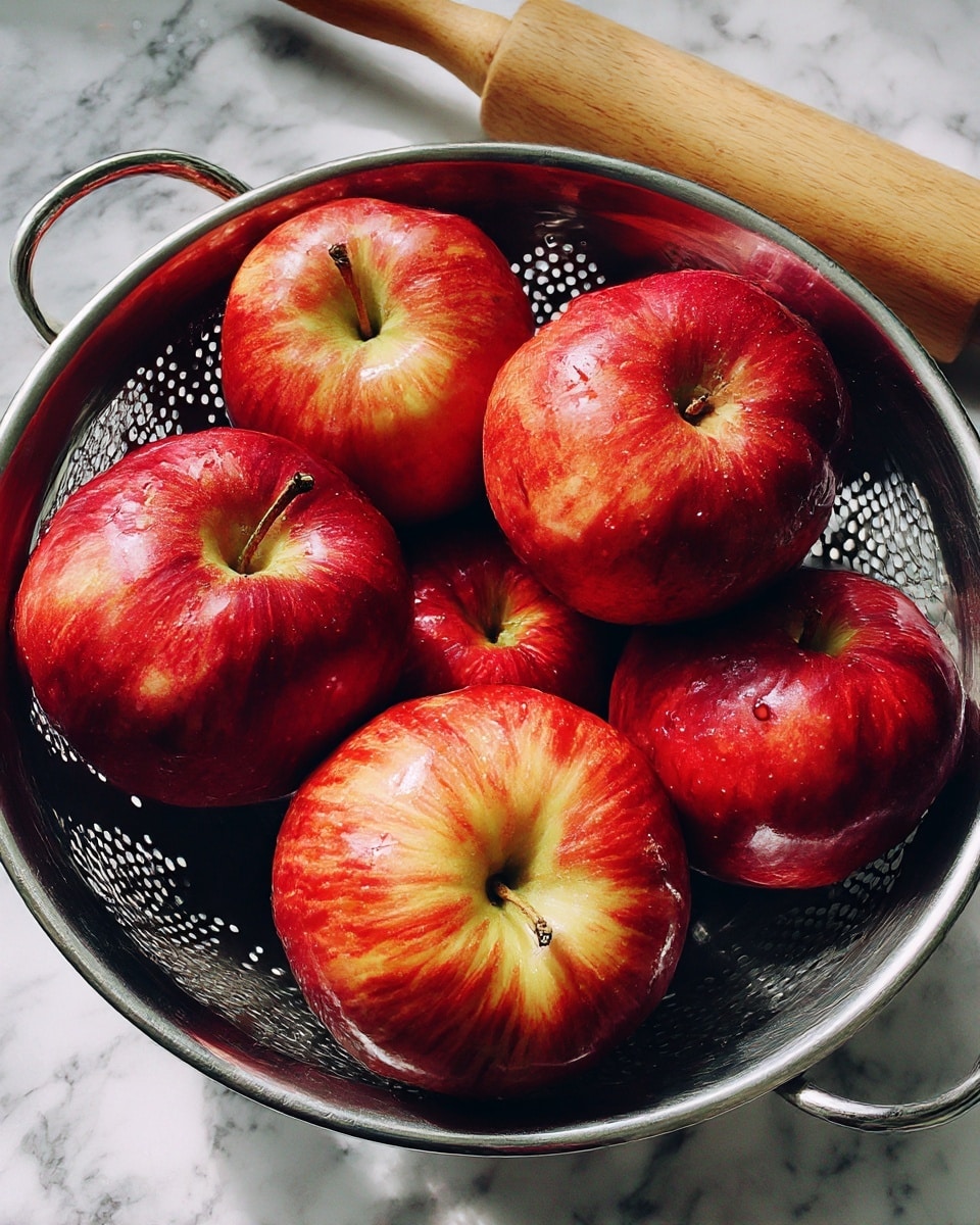 A metal colander filled with six large, shiny red apples with shades of yellow on their smooth skins. The colander is placed on a white marbled surface, and a wooden rolling pin lies behind it, pointing diagonally away from the colander. The scene is bright and clear with natural light. Photo taken with an iphone --ar 4:5 --v 7