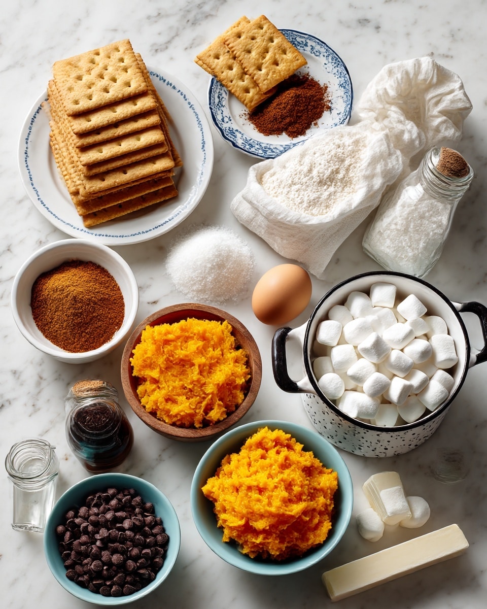 The image shows several baking ingredients laid out neatly on a white marbled surface. There are square light brown crackers stacked on the top left. Next to them, a small white plate with blue trim holds a pile of brown spice powder. A white cloth sack with white flour is nearby. Below, a white bowl holds light brown sugar, and next to it, a white bowl contains bright orange mashed pumpkin. A single white egg sits in a small wooden bowl. A clear glass jar is filled with dark brown chocolate chips. White granulated sugar fills a white speckled pot with black handles. A light blue bowl holds many small white marshmallows. A small wooden bowl of white powder, a white butter stick, and a dark brown vanilla bottle lie around as well. There is also a small glass salt jar. All items are spaced evenly and arranged clearly. Photo taken with an iphone --ar 4:5 --v 7