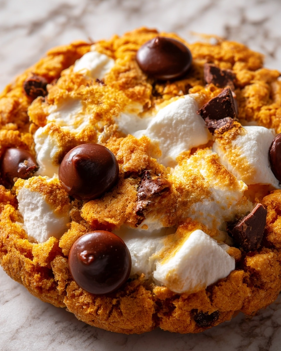 A close-up view of a soft textured cookie with an orange-brown color, showing melted white marshmallow pieces blended into the surface. There are several dark brown chocolate chips embedded on top, some rounded and shiny, contrasting with the rough, slightly bubbly appearance of the cookie dough. The image captures the cookie filling the frame with warm lighting and a white marbled textured background. photo taken with an iphone --ar 4:5 --v 7