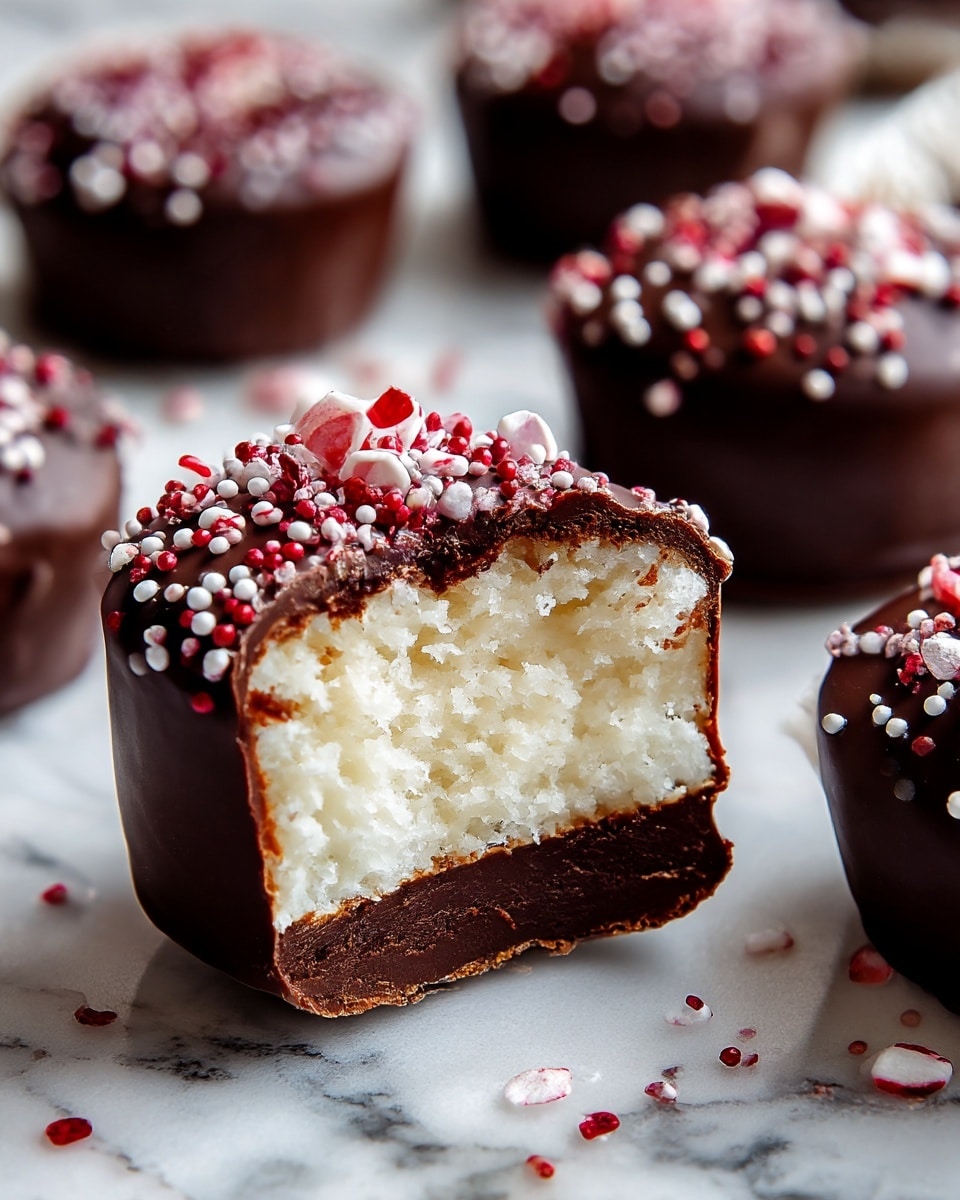 A close-up of a small round chocolate-covered treat with a smooth, dark brown outer layer sprinkled with small red and white round bits on top. Inside, there is a thick, fluffy white filling at the center, surrounded by a thin dark brown chocolate shell at the bottom and sides. The treat sits on a surface with a white marbled texture. In the background, several similar treats are slightly out of focus, showing the same chocolate outer layer and sprinkled tops. photo taken with an iphone --ar 4:5 --v 7