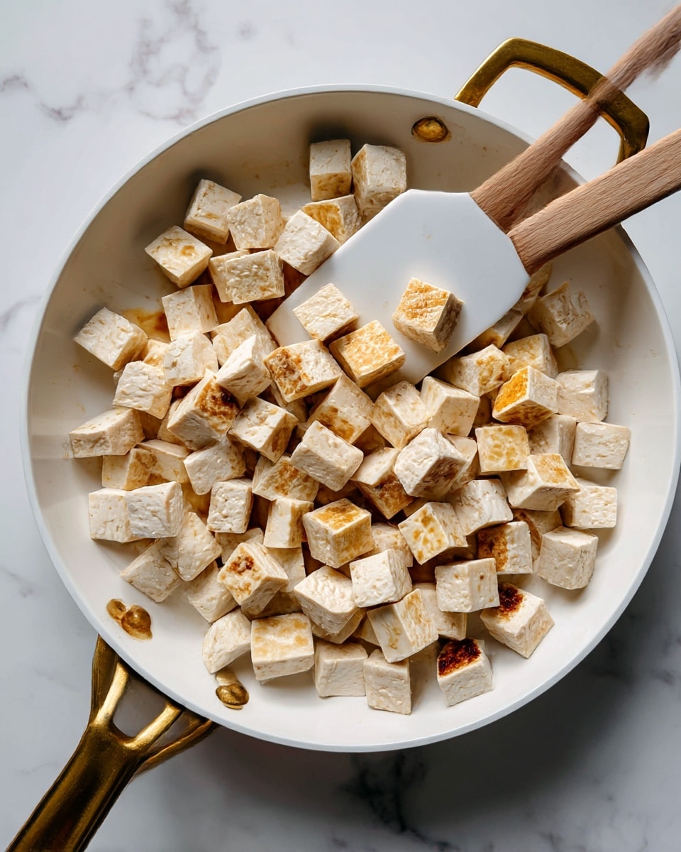 Inside a white pan with a golden handle, there are many small cubes of light beige tofu, some with light brown edges showing they are lightly cooked. A white spatula with a light wooden handle rests inside the pan, touching some tofu cubes. The pan sits on a white marbled surface, with soft natural light coming from above, highlighting the slight texture and browning on the tofu. photo taken with an iphone --ar 4:5 --v 7