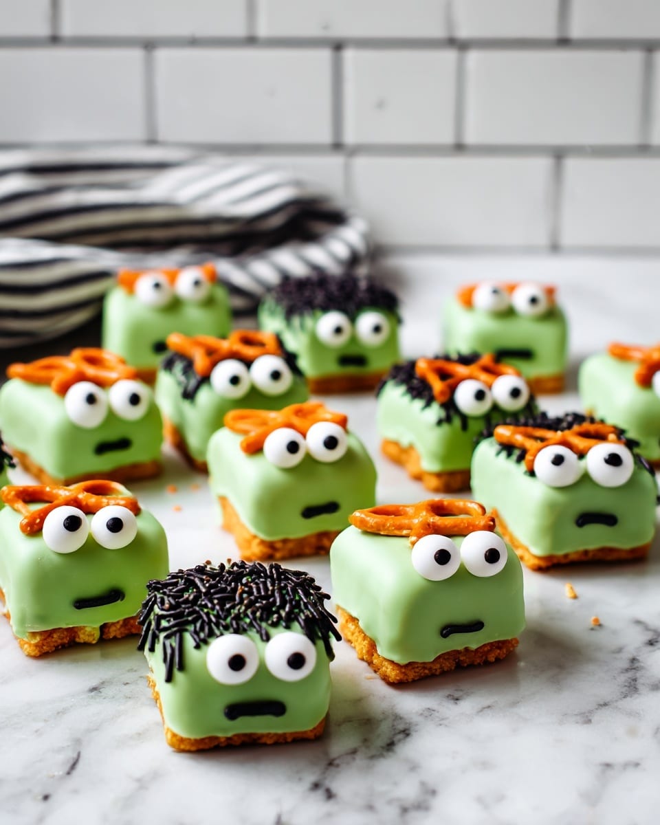 There are many small square treats covered in light green coating arranged on a white marbled surface. Each treat has round white candy eyes with black pupils placed near the top. Black sprinkles form a textured hair layer on the upper half of some treats, while others have a smooth green top. Small orange pretzel sticks are stuck on both sides, looking like ears. Different black icing lines create various simple face expressions under the eyes. In the background, a blurred striped black and white towel lies on the surface with white subway tiles on the wall photo taken with an iphone --ar 4:5 --v 7