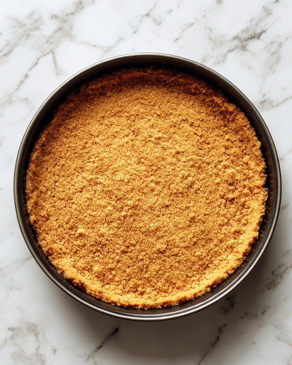A close-up top view of a single-layer graham cracker crust pressed evenly inside a round springform pan with a dark metal edge, the crust has a golden brown color and a fine crumbly texture that is compacted to form a smooth, firm base and slightly higher edges around the pan's border, all set on a white marbled surface. photo taken with an iphone --ar 4:5 --v 7
