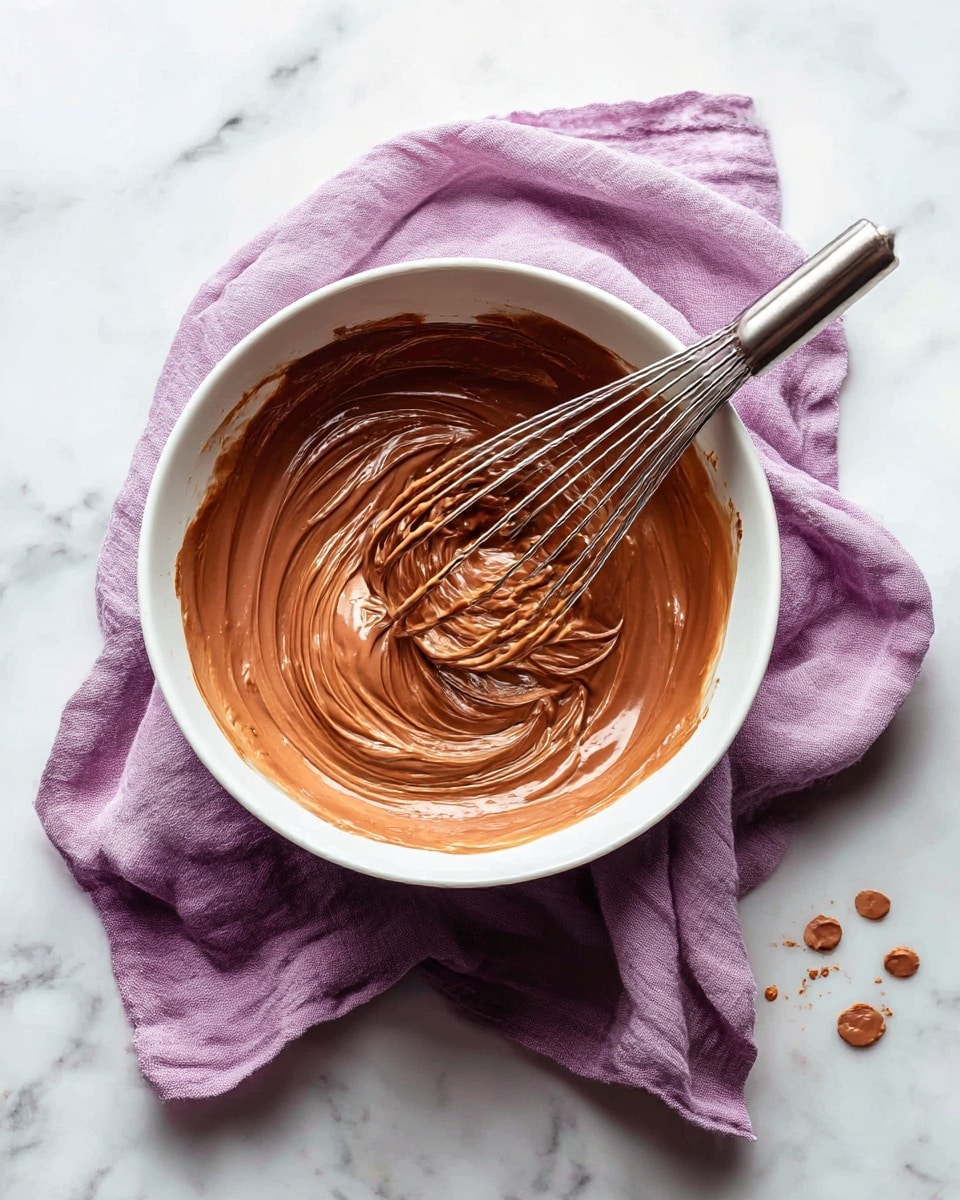 A white metal bowl filled with smooth, light brown chocolate batter that has a creamy texture. A metal whisk rests inside the bowl, partially covered with the batter, showing some swirls and folds on the surface. Next to the bowl, a soft purple cloth napkin lies on a white marbled surface, with a few small round crumbs scattered nearby. The scene feels calm and simple, focusing on the mixing process. photo taken with an iphone --ar 4:5 --v 7
