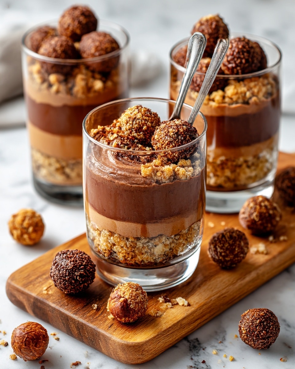Three clear glasses are filled with two main layers. The bottom and top layers are smooth, light brown chocolate mousse, soft and creamy in texture. Between them is a chunky layer of crushed nutty cookie pieces, rough and golden brown. Each glass is on a small wooden board placed on a white marbled surface. Scattered around are small whole and broken nutty cookie balls, showing a crunchy, nut-covered shell and a smooth chocolate inside. A silver spoon is stuck into the mousse of the closest glass. In the background, more glasses with the same dessert sit slightly out of focus. Photo taken with an iphone --ar 4:5 --v 7