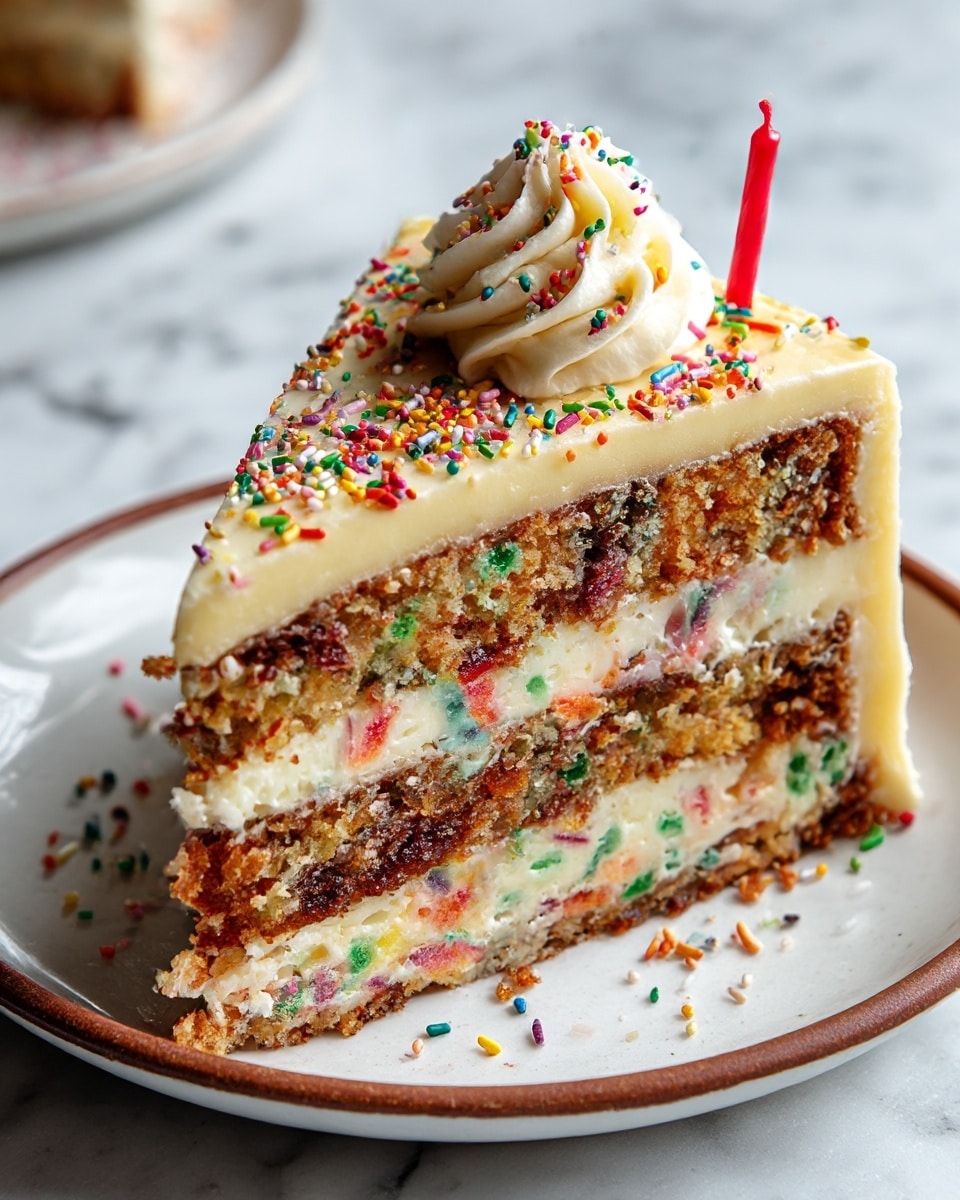 A slice of birthday cake is shown on a white plate with brown edges, placed on a white marbled surface. The cake has three visible layers: a thick brown crumbly base, a thick creamy off-white middle cake layer with colorful sprinkles mixed inside, and a thin, smooth yellowish frosting layer on top dotted with colorful sprinkles. On the top center, there is a small swirl of white frosting decorated with more colorful sprinkles. A lit red candle is inserted on the top layer next to the frosting swirl. Photo taken with an iphone --ar 4:5 --v 7