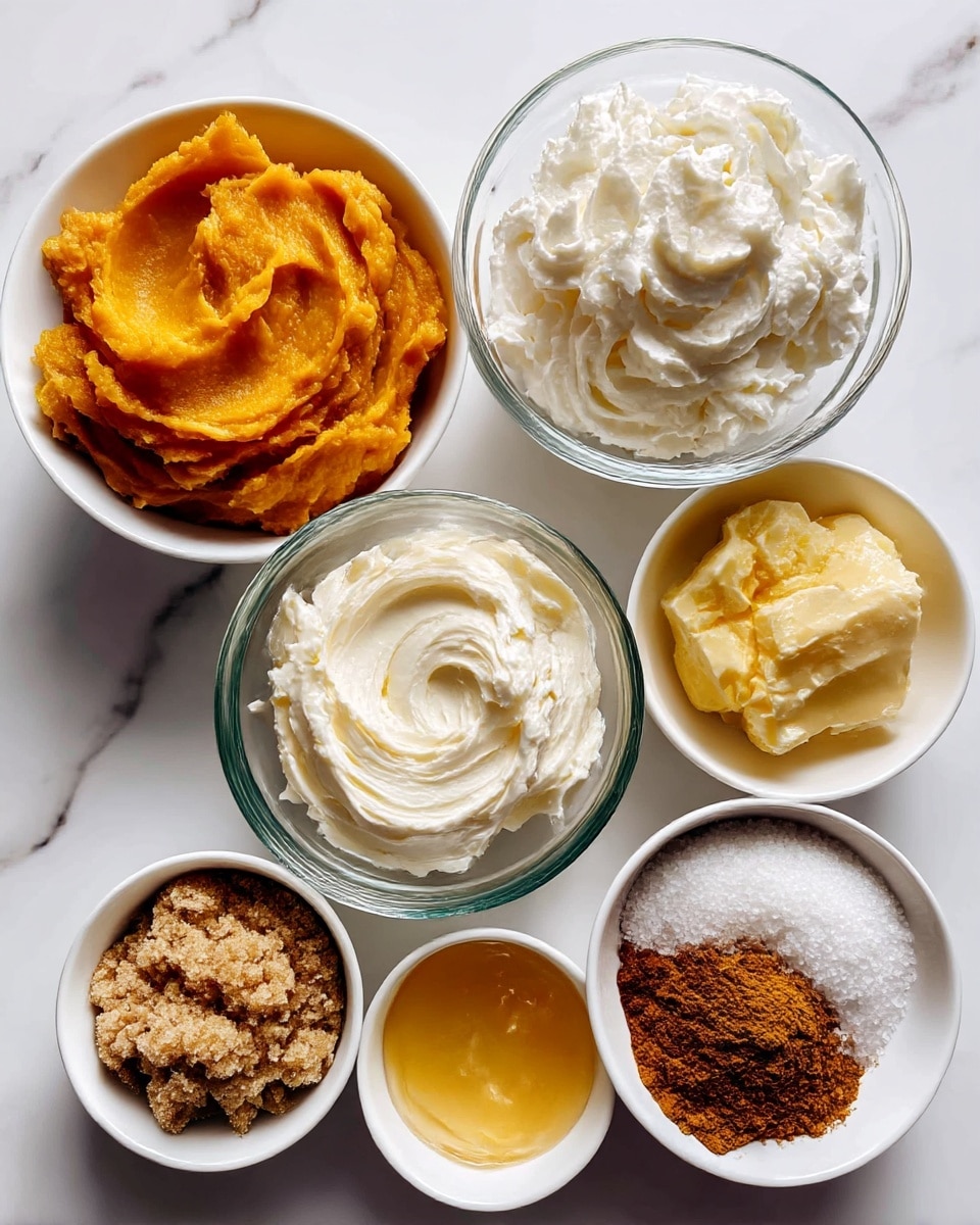 The image shows seven small white bowls placed on a white marbled surface, each filled with different ingredients. At the top left, a bowl holds thick, smooth, orange pumpkin puree. Next to it on the right, there is a bowl of fluffy white whipped cream with soft swirls. Below these, a clear glass bowl contains a spread of creamy white cream cheese with gentle, uneven strokes. In the bottom left, another white bowl is filled with packed brown sugar, displaying a grainy texture. To the right, a bowl contains white granulated sugar that looks fine and powdery. Below the brown sugar, a small bowl has melted golden butter with a smooth, shiny surface. Finally, at the bottom right, there is a bowl holding finely ground brown cinnamon. The ingredients are evenly spaced with a clean and bright setting, photo taken with an iphone --ar 4:5 --v 7