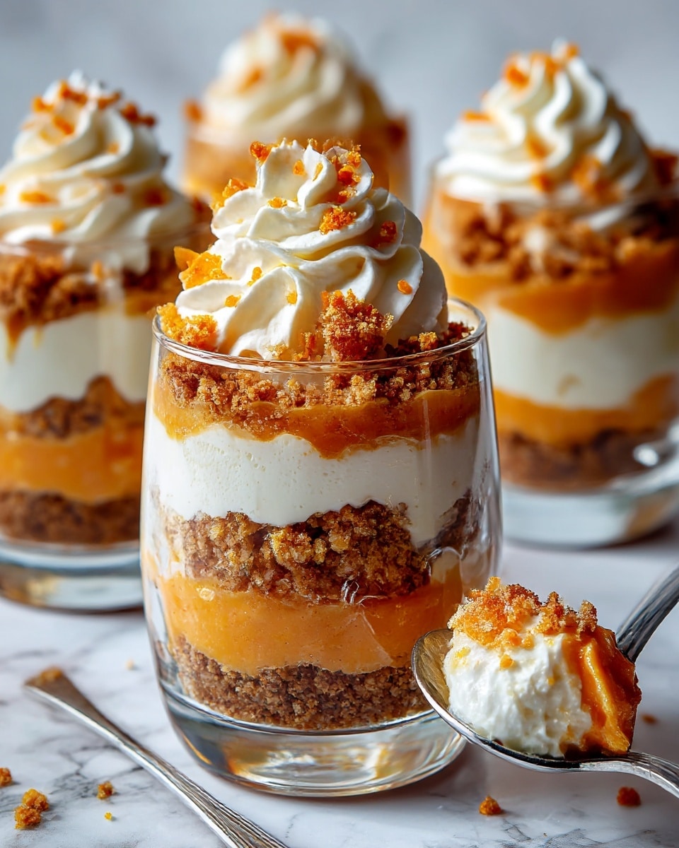 The image shows a dessert in a clear glass with three visible layers: the bottom layer is a crumbly brown crust, the middle layer is a light orange creamy filling with a smooth texture, and the top layer is white whipped cream piped in soft swirls, sprinkled with small orange crumbs. A silver spoon holds a scoop of the dessert in the foreground, highlighting the creamy orange filling mixed with the crumbly brown crust and whipped cream. The background features more glasses with the same dessert blurred out on a white marbled surface. Photo taken with an iphone --ar 4:5 --v 7