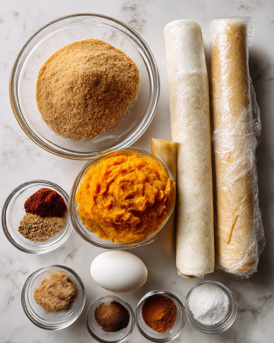 The image shows the ingredients for a pumpkin pie arranged neatly on a white marbled surface. There are two clear glass bowls, one filled with light brown sugar and the other with bright orange pumpkin puree. Next to them are two white rolls of pie crust wrapped in plastic, placed vertically on the right side. Below the bowls, there is one whole white egg, and three small clear bowls holding ground spices: cinnamon, nutmeg, ground cloves, and ginger, each with different light brown shades. Another small clear bowl contains white sugar. All items are spaced out and clearly visible. Photo taken with an iphone --ar 4:5 --v 7