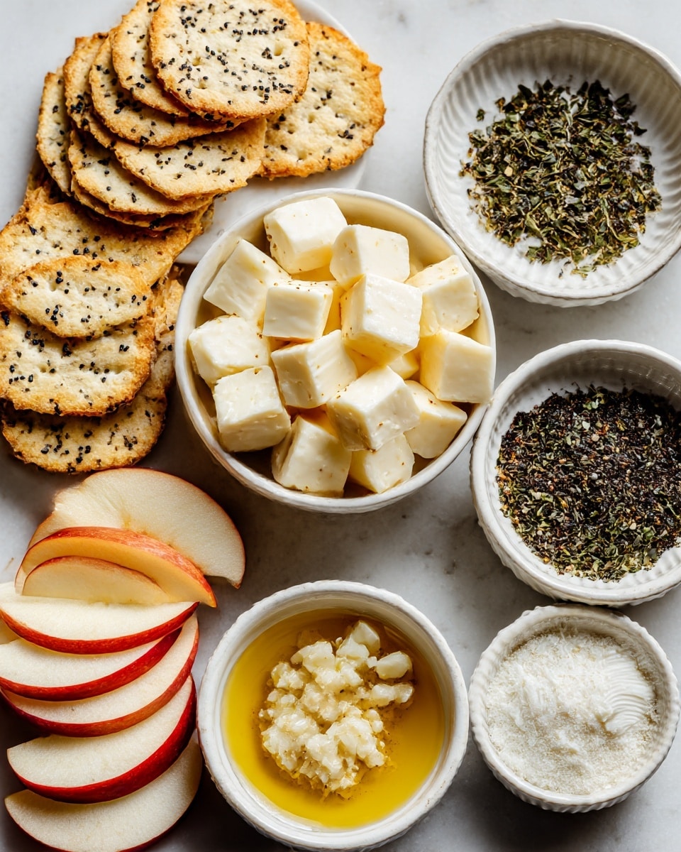 The image shows several small white bowls and a white plate arranged on a white marbled surface. In the center is a white bowl filled with small cubes of pale cream brie cheese. Surrounding it are smaller white bowls containing light beige minced garlic, finely chopped green fresh herbs, off-white salt and black pepper mix, pale off-white heavy cream, and golden yellow olive oil in a ridged bowl. To the left is a white plate with round crackers speckled with black seeds. Above the bowls are numerous small toasted white bread squares with a light golden crust. At the bottom left corner, a woman's hand holds thin, round slices of a red apple with creamy white flesh. photo taken with an iphone --ar 4:5 --v 7