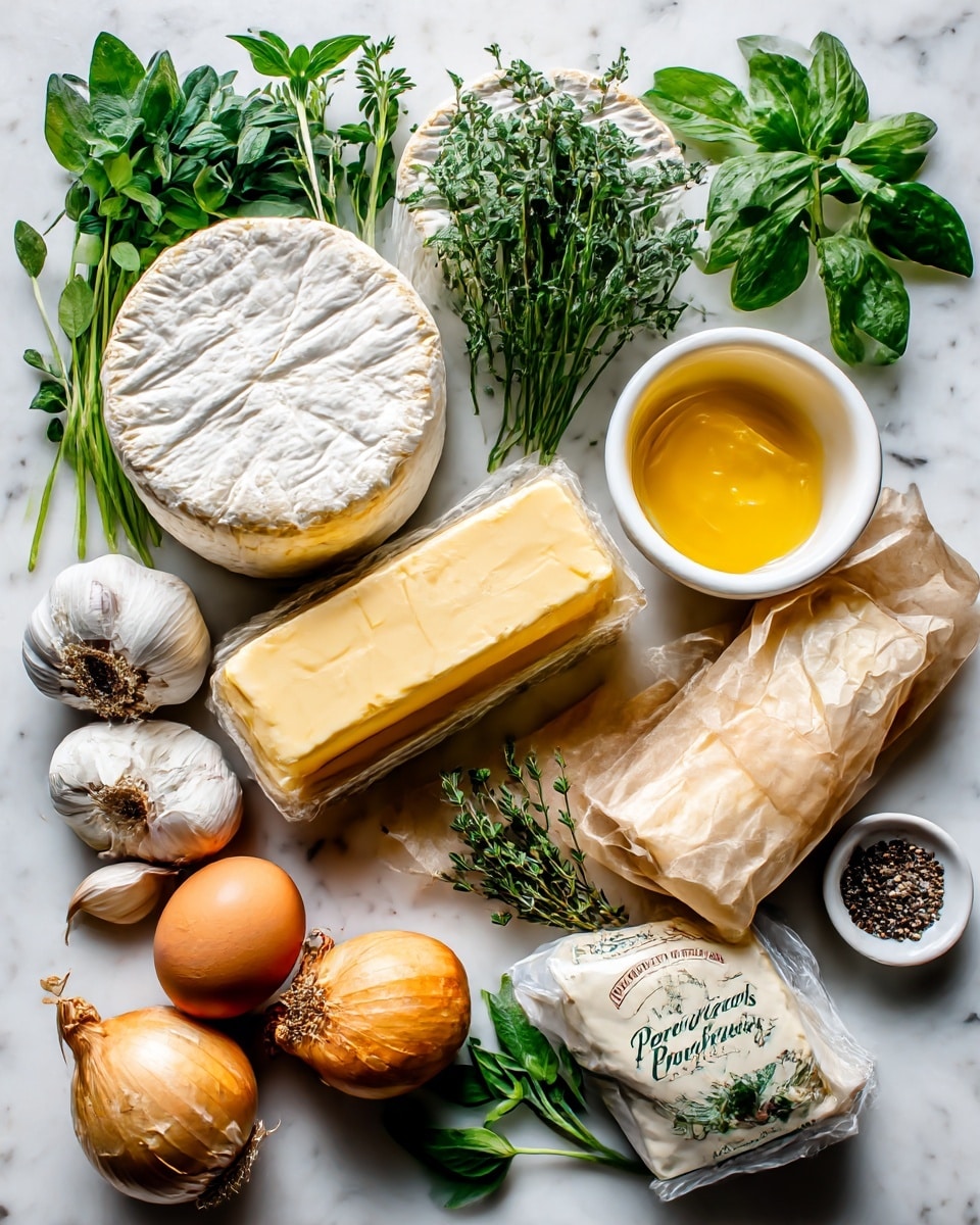 The image shows several cooking ingredients laid out on a white marbled surface. In the top left, there are fresh green herb sprigs. Below them, a round wheel of soft white cheese with a textured rind is placed. To the right of the cheese, a small white bowl holds bright yellow melted butter. Next to it, a rectangular stick of unsalted butter wrapped in beige paper is visible. At the bottom left, there are peeled garlic cloves, a brown egg, and a whole yellow onion with its skin. A rectangular package of Pepperidge Farm Puff Pastry Sheets sits near the bottom right, with a small round white dish containing black pepper beside it. Another green herb sprig lies near the butter packet. photo taken with an iphone --ar 4:5 --v 7