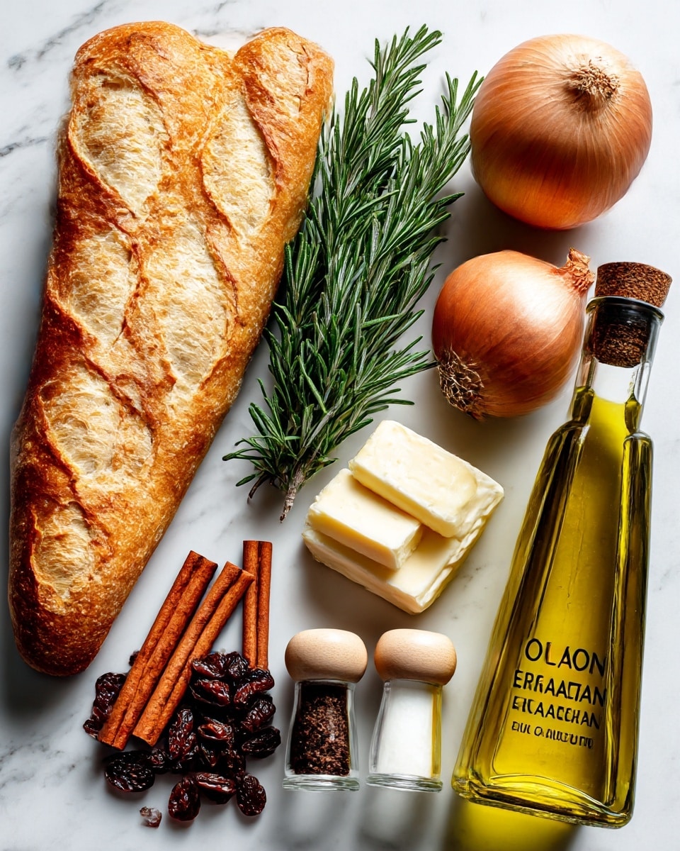 The image shows several separate ingredients arranged neatly on a white marbled surface. On the left is a whole baguette with a golden brown crust and scored slashes on top. Near the center is a green sprig of rosemary, upright with needle-like leaves. To the right of the rosemary is a round, light brown onion with a papery skin and a short stem on top. Above the rosemary and onion are three pieces of brie cheese, showing creamy pale yellow insides and white rind on the outside. Below the onion is a small pile of dark brown raisins. Left of the raisins are three cinnamon sticks, light brown and textured, stacked in a small group. Below the cinnamon sticks is a pair of clear salt and pepper shakers with light wood caps. On the far right bottom is a glass bottle of extra virgin olive oil with a cork stopper, filled with golden yellow oil. Each ingredient is labeled in simple black text. photo taken with an iphone --ar 4:5 --v 7