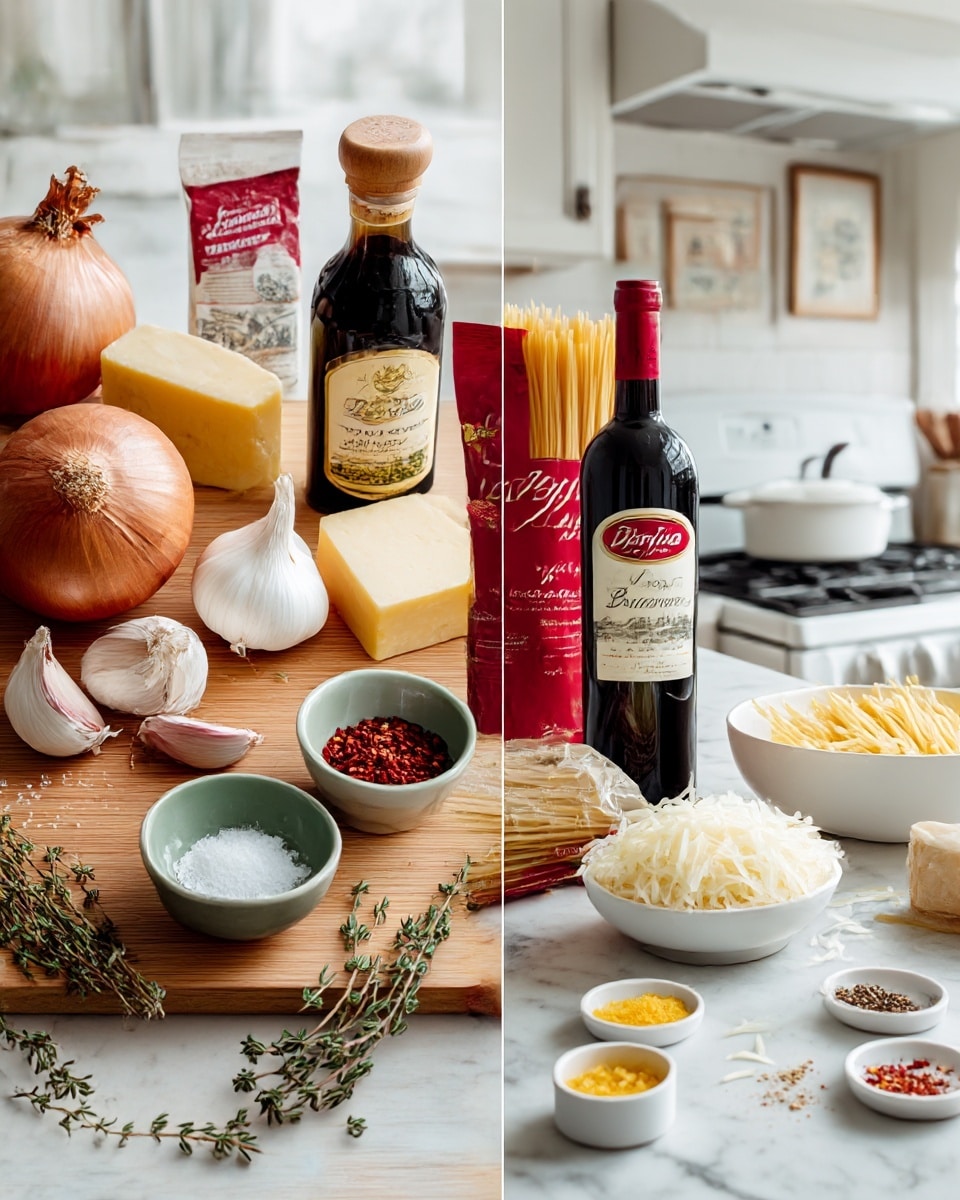 The image shows two side-by-side views of ingredients and kitchen setups. On the left, a wooden surface holds a large brown onion on the left, two garlic cloves and a green bowl with salt near the front, fresh thyme sprigs, a small white bowl with red pepper flakes, a package of butter, a block of hard yellow cheese, a bottle of balsamic vinegar with a wooden top, a red bag of Barilla Al Bronzo pasta, and a large wine bottle with a red wax top in the center. The background is a kitchen with white cabinets and a stove. On the right side, a white marbled countertop holds a white bowl filled with thinly sliced white onions near the center, a cup of grated cheese, small white dishes with yellow paste, red pepper flakes, and salt spread near the front, and the same red bag of pasta and bottle of balsamic vinegar behind. The stove is visible with a white pan on top against a white tiled wall. photo taken with an iphone --ar 4:5 --v 7